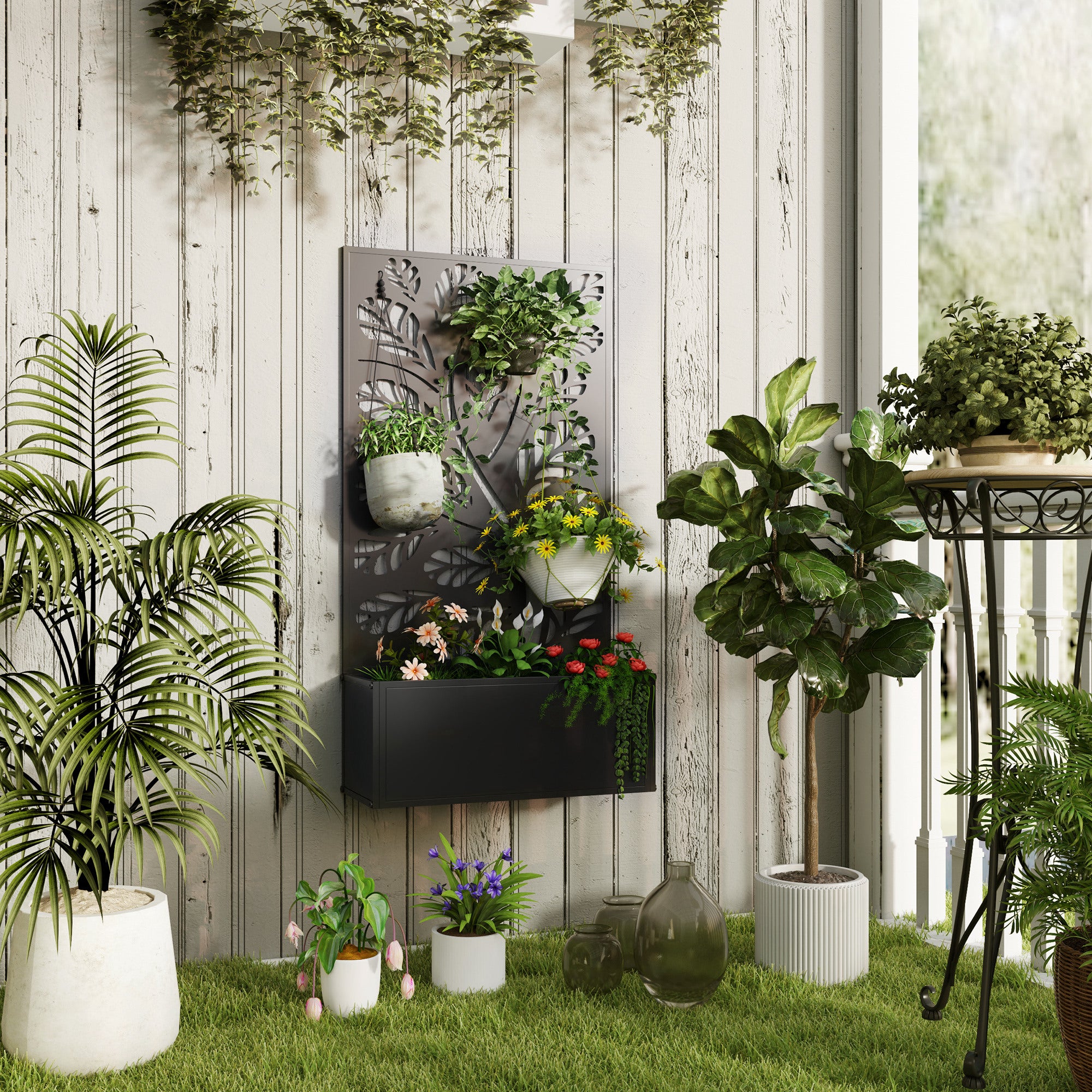 Jardinière avec brise-vue paravent treillis pour Plante Grimpante, bac à Fleurs - dim. 61L x 23l x 113H cm - 3