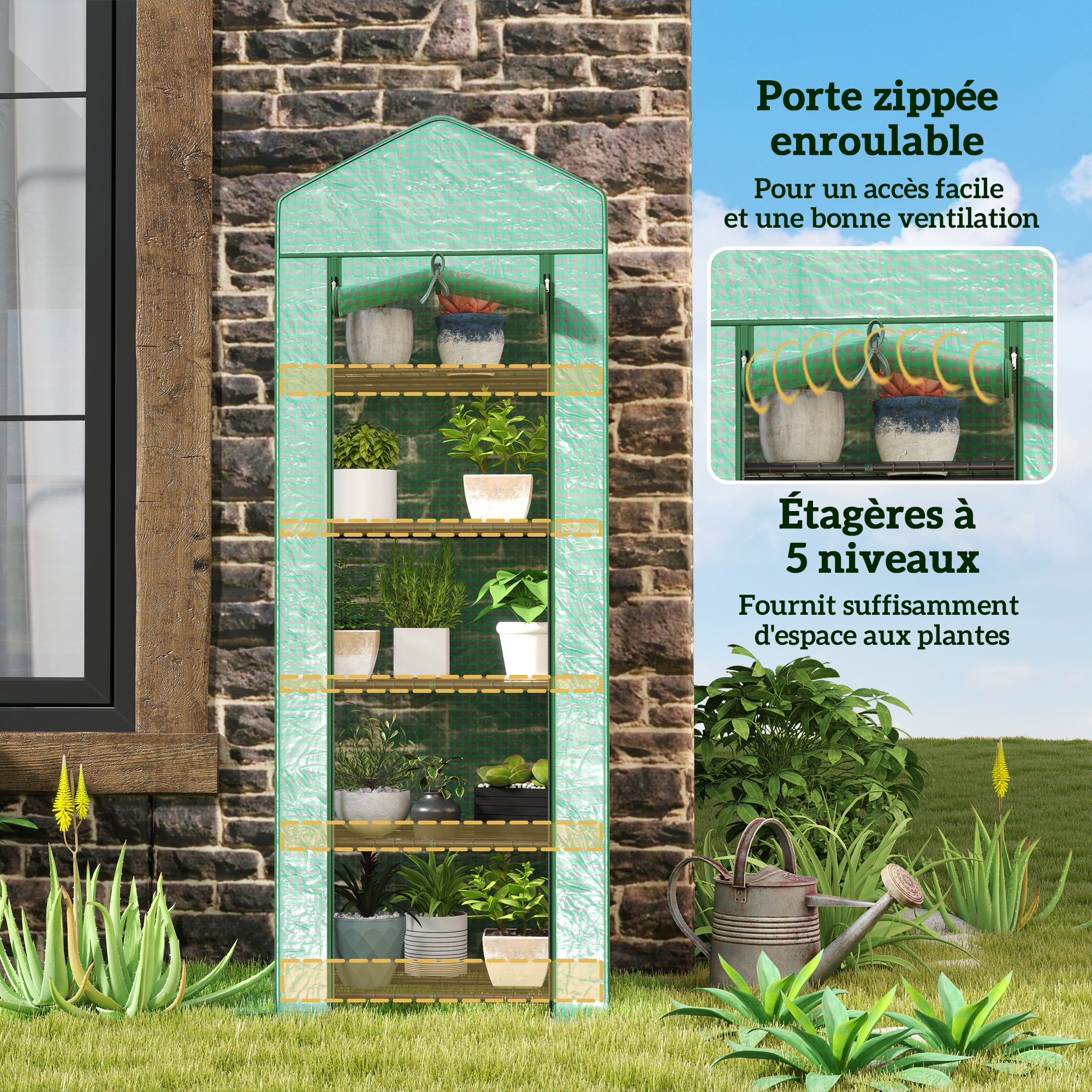 Serre de jardin balcon étagère serre 5 niveaux 0,69 x 0,49 x 1,93 m acier bâche amovible PE vert - 7