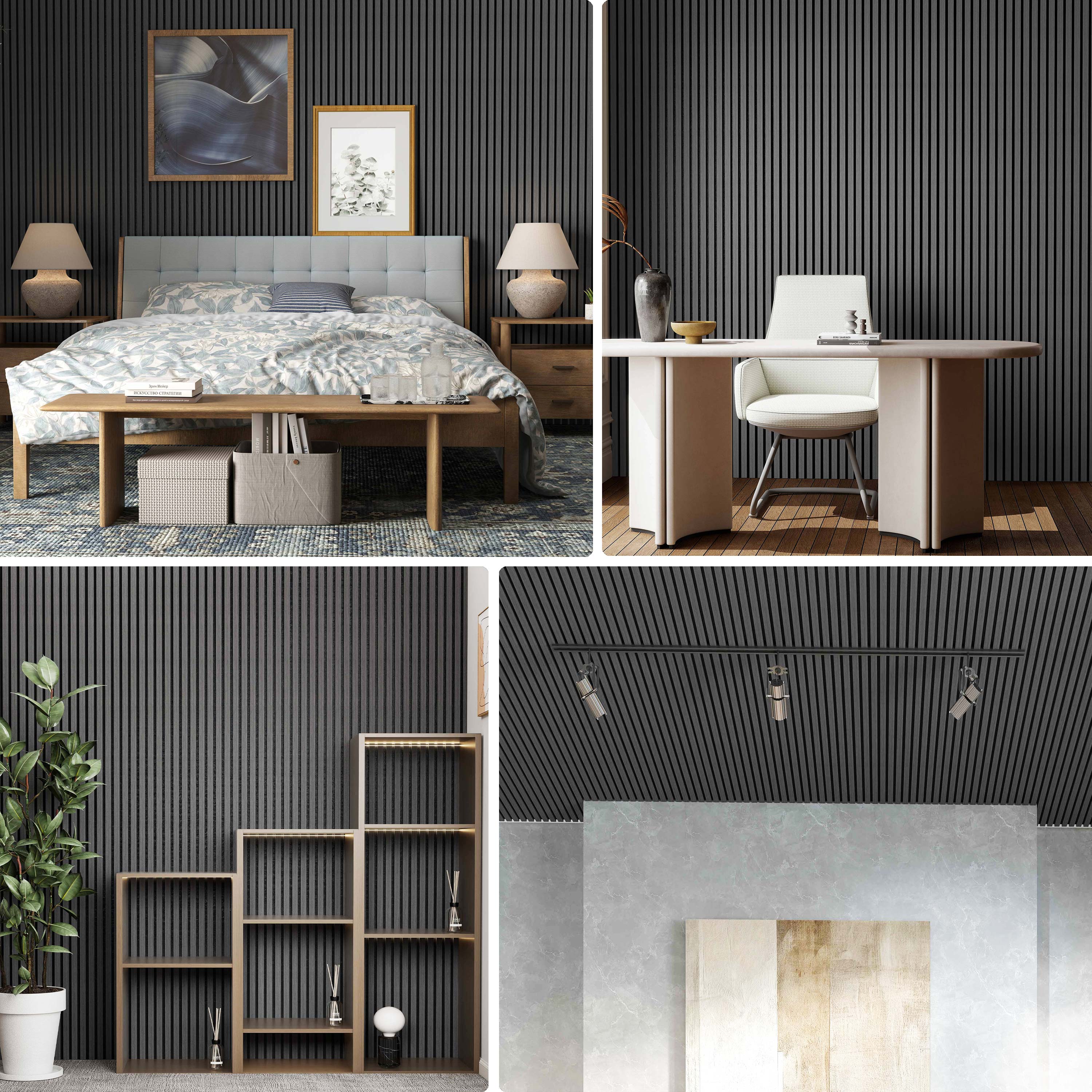 Lot de 2 panneaux muraux acoustiques décoratifs en bois MDF 260 x 30 cm, Chêne gris, excellente isolation phonique, installation facile - 4