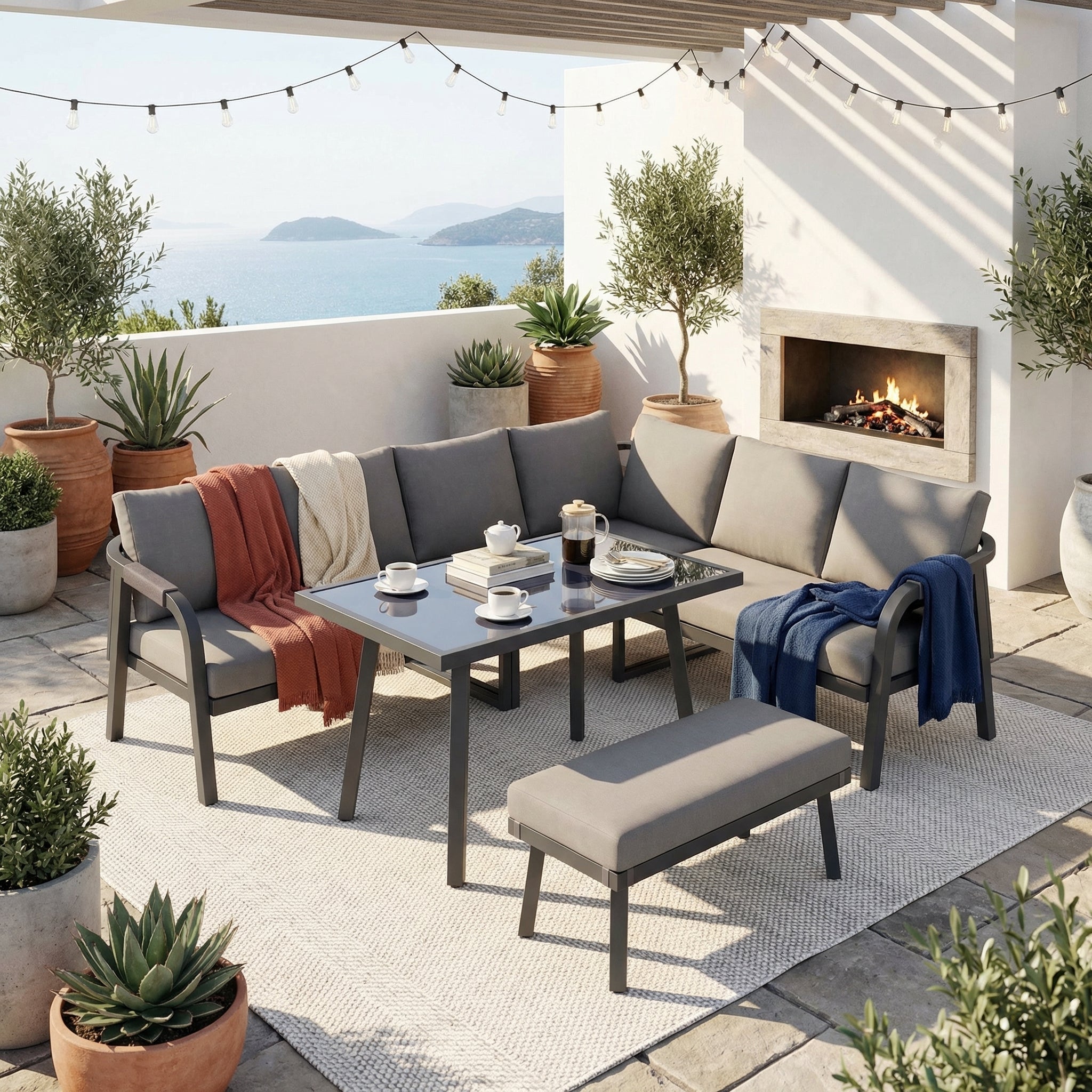 Conjunto de jardín XL de 8 plazas - Conjunto de comedor esquinero con mesa alta y banco - Acabado en cuerda trenzada - Gris - 2