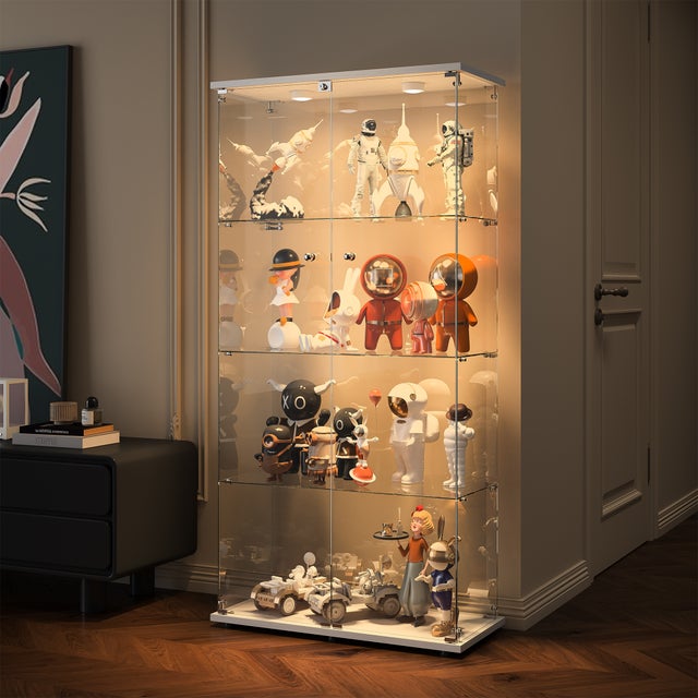 Vitrina de cristal, color blanco, estructura de 4 niveles, con iluminación LED, elementos de vidrio templado, para exponer objetos de colección