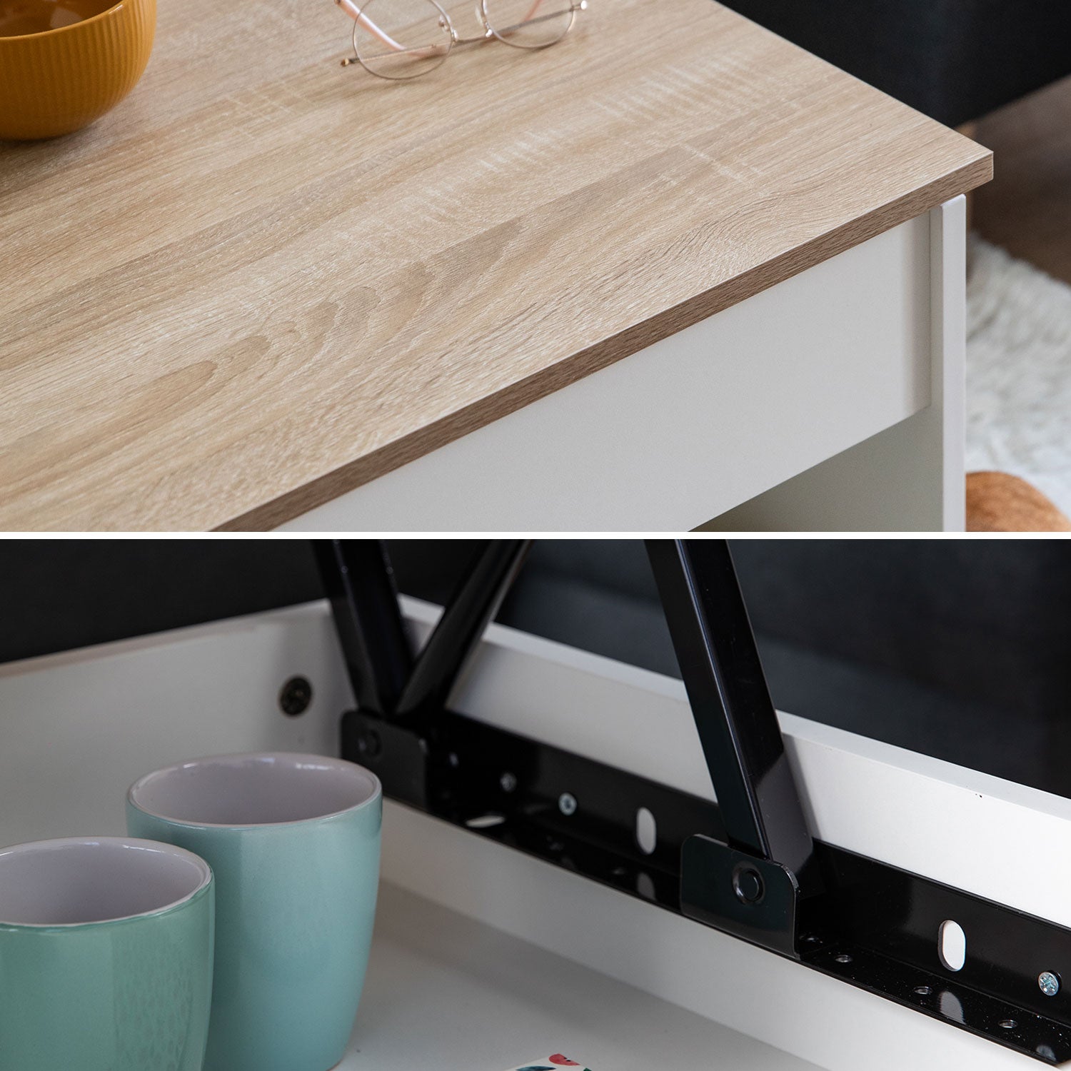 Table basse avec plateau relevable blanche et bois HEDDA - 4