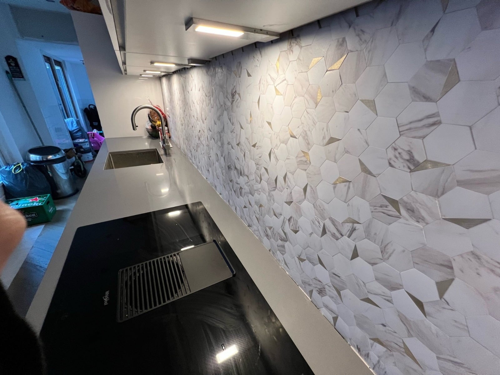 Revestimiento de Pared Mosaico Autoadhesivo Mármol Blanco Dorado Hexagonal – 28,8x29,2 cm, Grosor 0,4 cm - 6