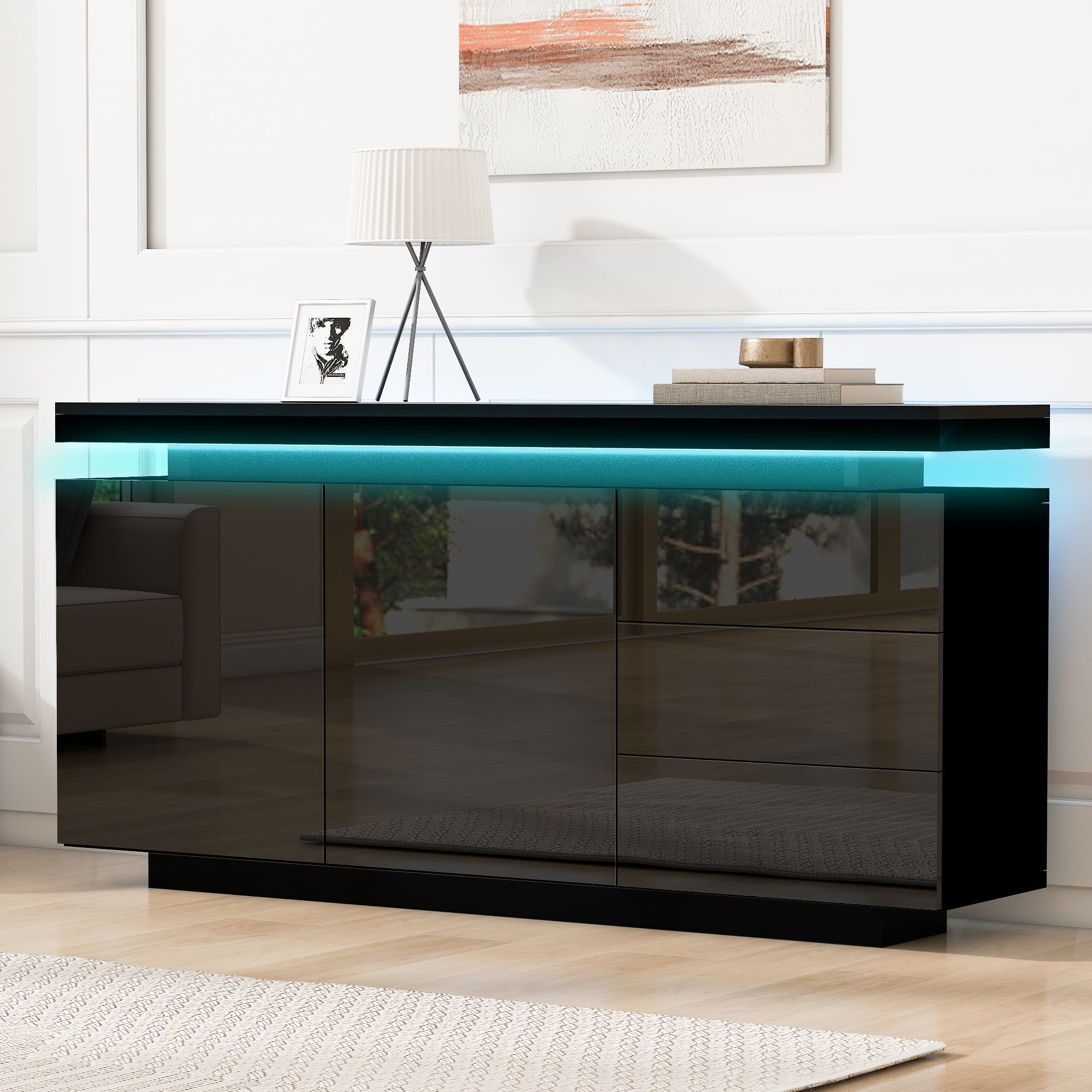 Nowoczesna niska komoda z 2 drzwiami i 3 szufladami - 140 x 35 x 72,5 cm - LED - do salonu - Czarny połysk - 3