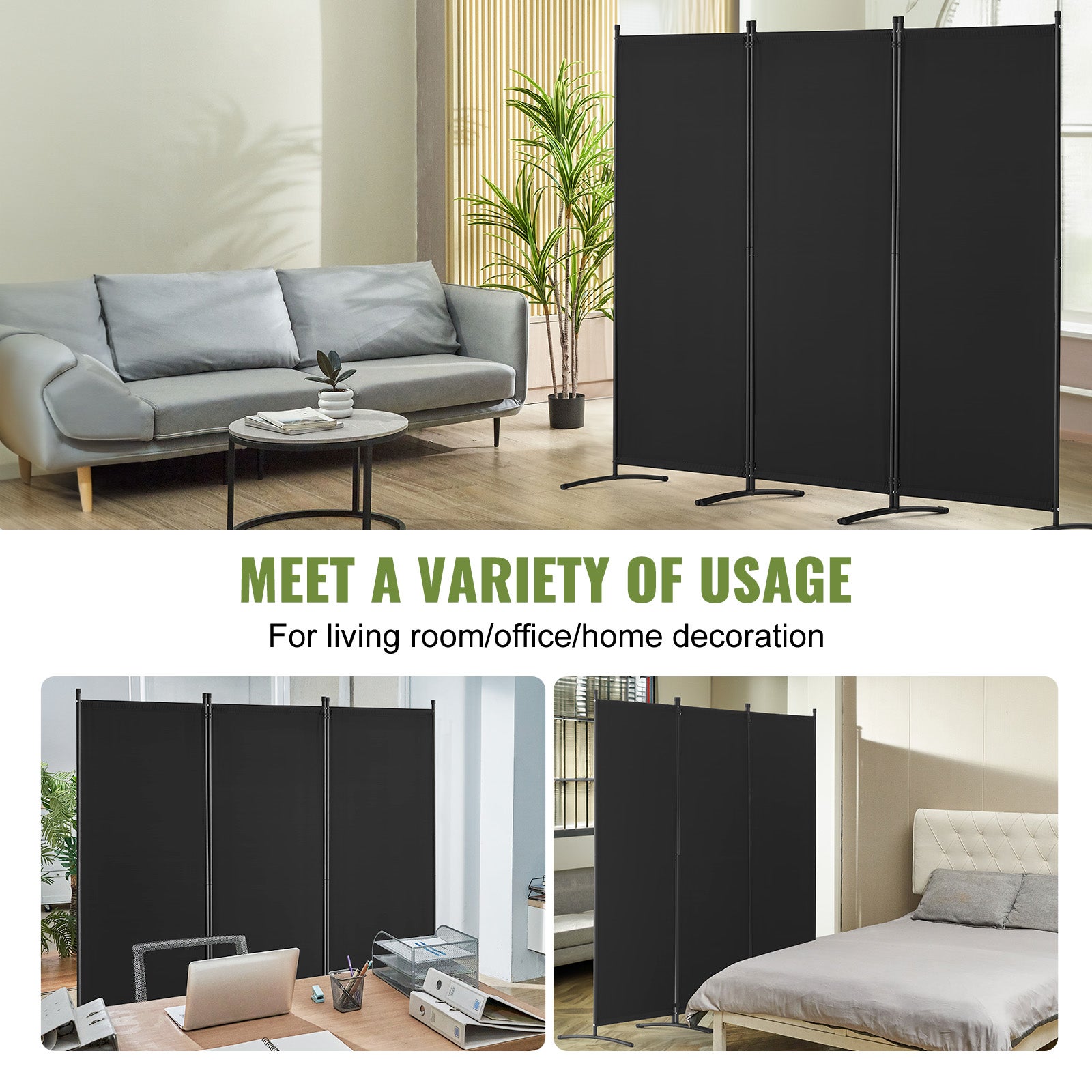 Cloison de séparation VEVOR, tissu, 3 panneaux pliable, 228×52×184 cm, autoportant, pour bureau/chambre/salle à manger intérieur, noir - 6