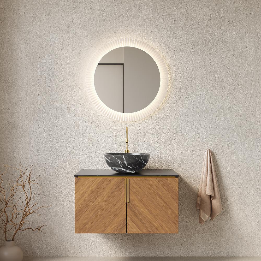Szafka łazienkowa 76 cm z czarną ceramiczną umywalką i blatem z kamienia spiekanego, szafka dwudrzwiowa w kolorze espresso