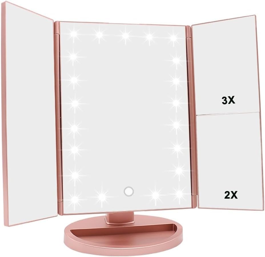 Lustro do makijażu z 21 diodami LED, regulowanym ekranem dotykowym i powiększeniem 1x/2x/3x, lusterko podróżne z możliwością ładowania (różowe)