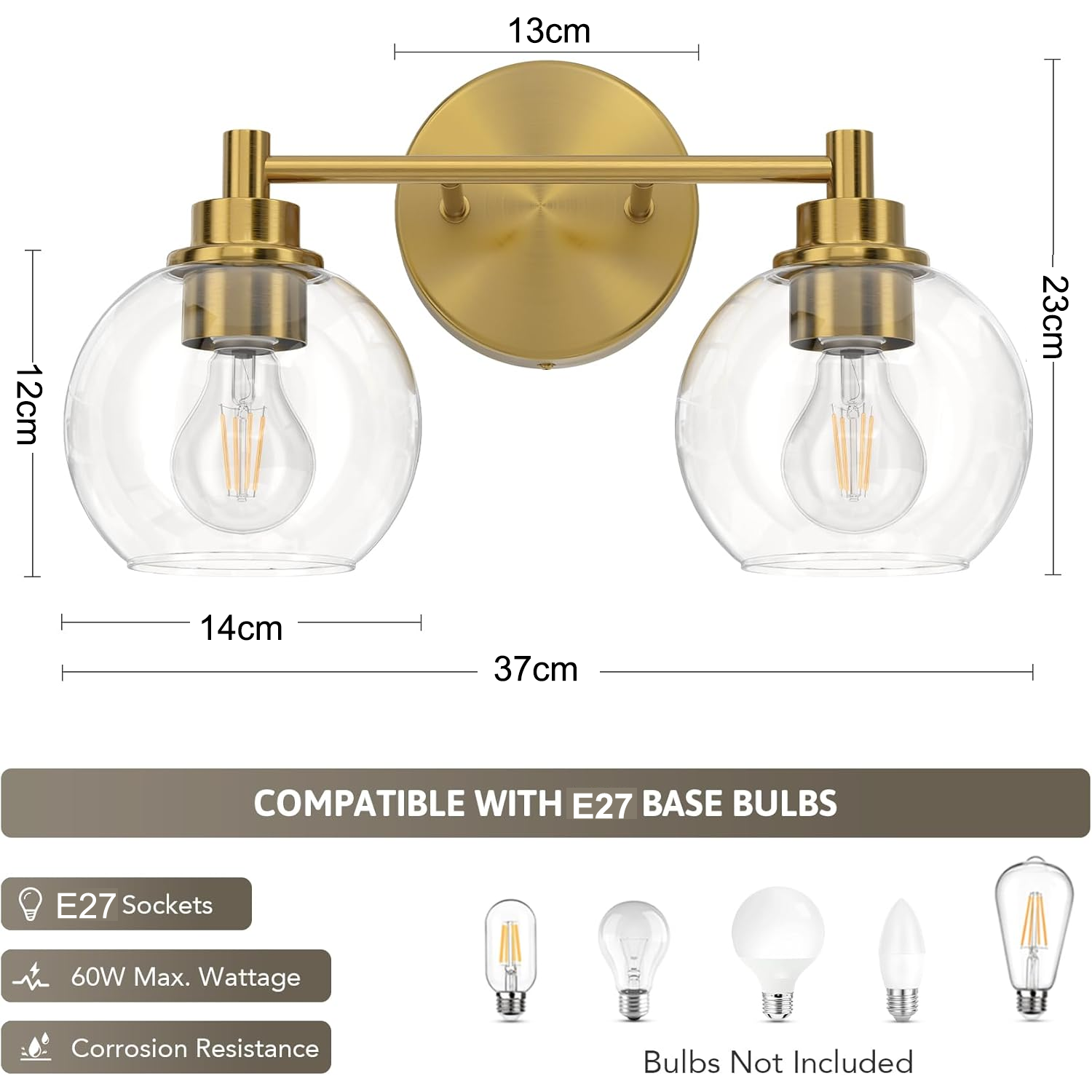 Applique de salle de bain, Applique murale 2 lumières avec abat-jour en verre, Applique murale pour tableau, Éclairage pour miroir (sans ampoule) - 4