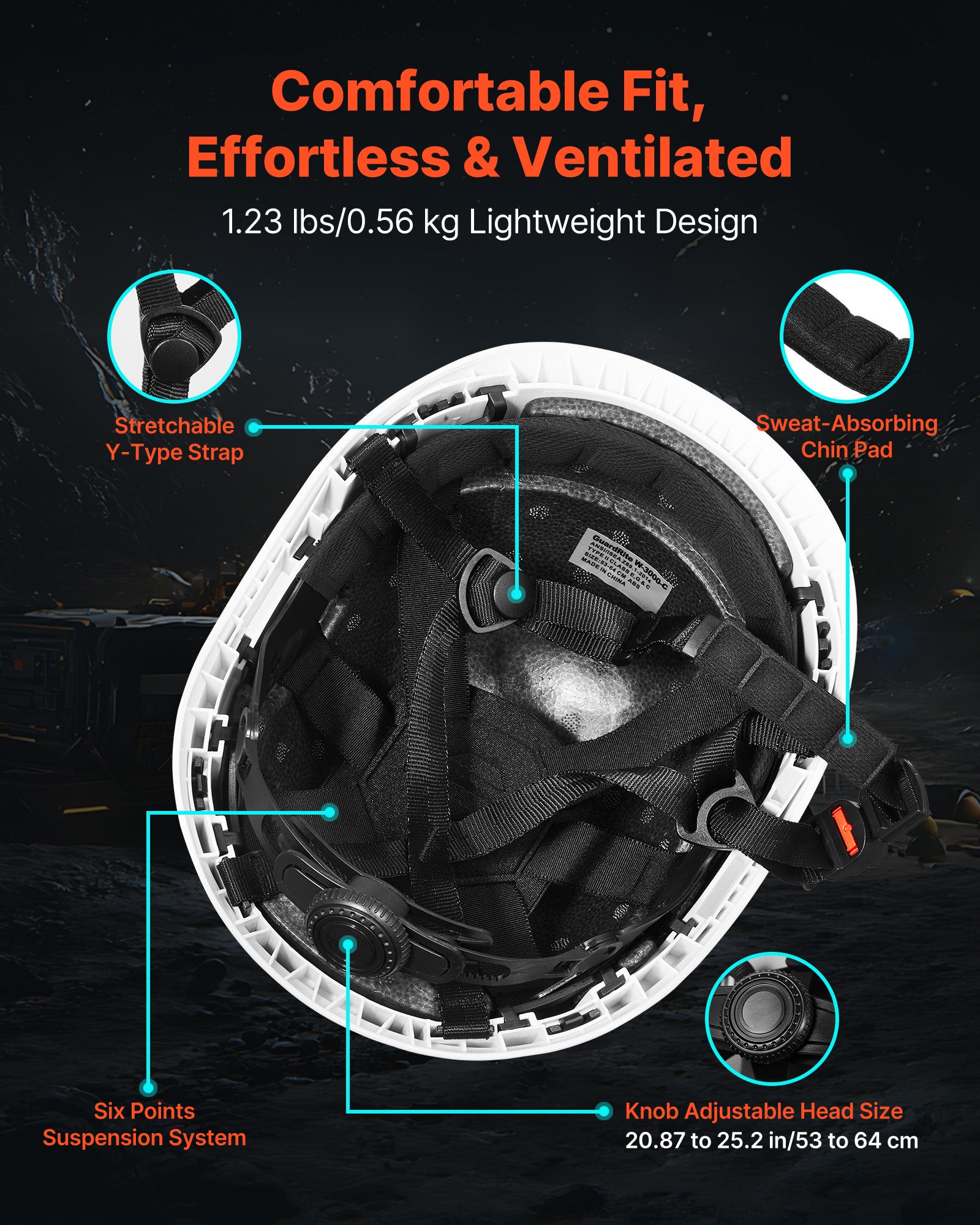 Casque de sécurité pour chantier,VEVOR certifié ANSI/ISEA Z89.1,ABS,suspension à cliquet 6 points,réglable et ventilé,pour hommes et femmes - 4