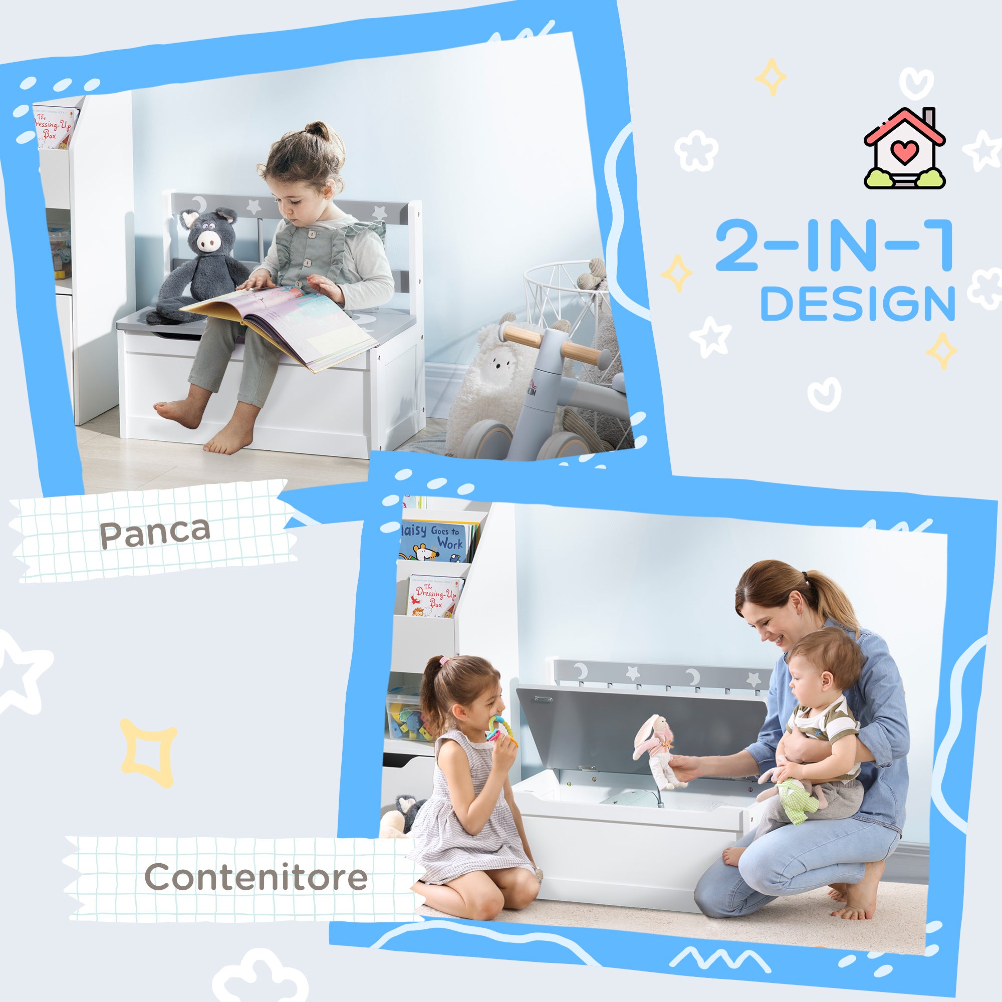 ZONEKIZ Cassapanca Moderna Portagiochi 2 in 1, Sedia per Bambini con Leva a Gas, in MDF e Legno di Pino, 60x30x50 cm, Bianco e Grigio - 4
