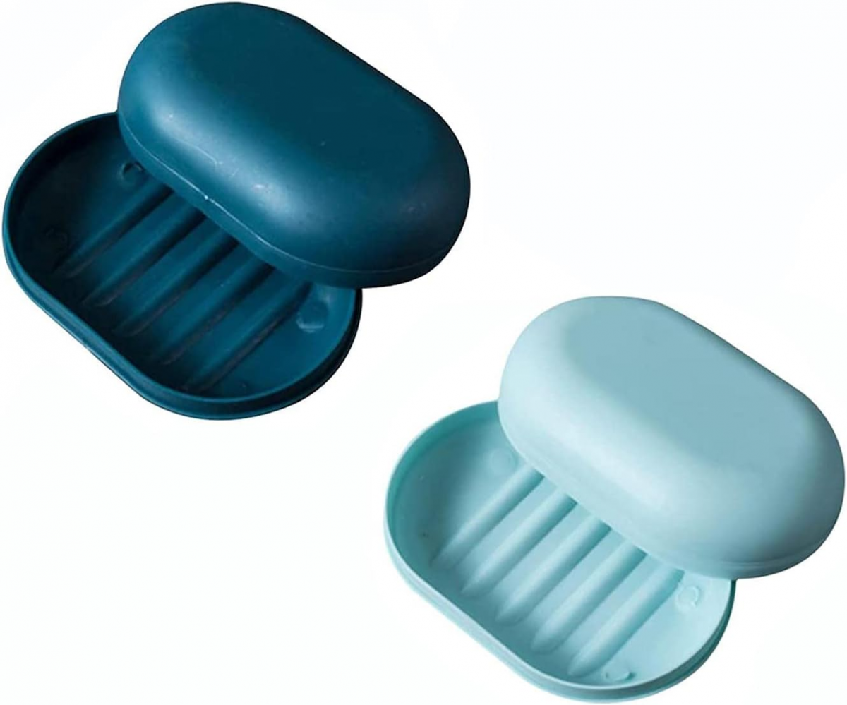 Zestaw 2 szczelnych mydelniczek podróżnych z pokrywką – z tworzywa sztucznego – pod prysznic, w podróży – ciemnoniebieski + jasnoniebieski