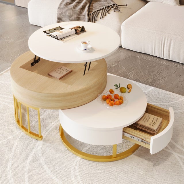 Lot de 2 Tables Basses Rondes Gigognes Rondes Relevable - 70x70x56cm - Plateau Relevable Coffre Caché Tiroir Salon - Blanc et Bois