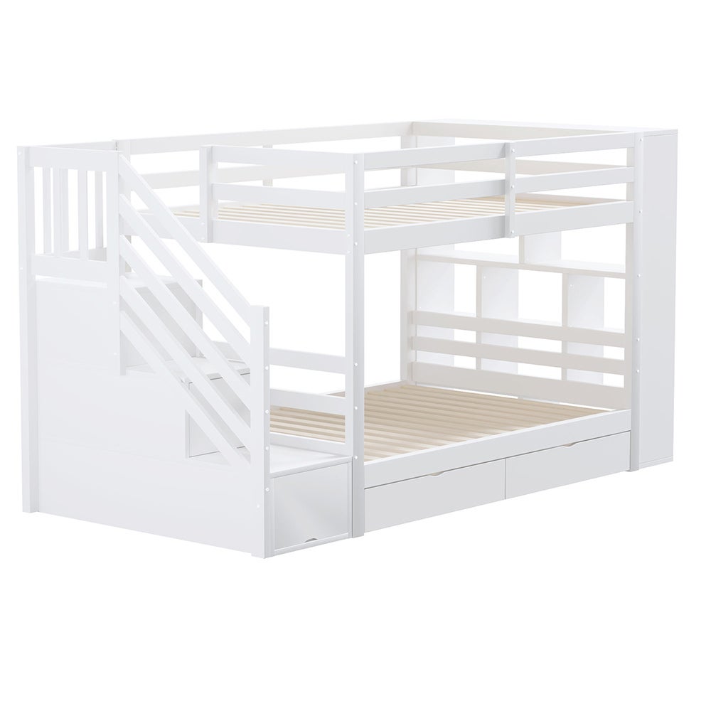 Lit superposé enfant 90x200 cm avec 2 tiroirs - Escalier de rangement - Étagères ouvertes - Barrière haute - Sommier à lattes - Blanc - 8