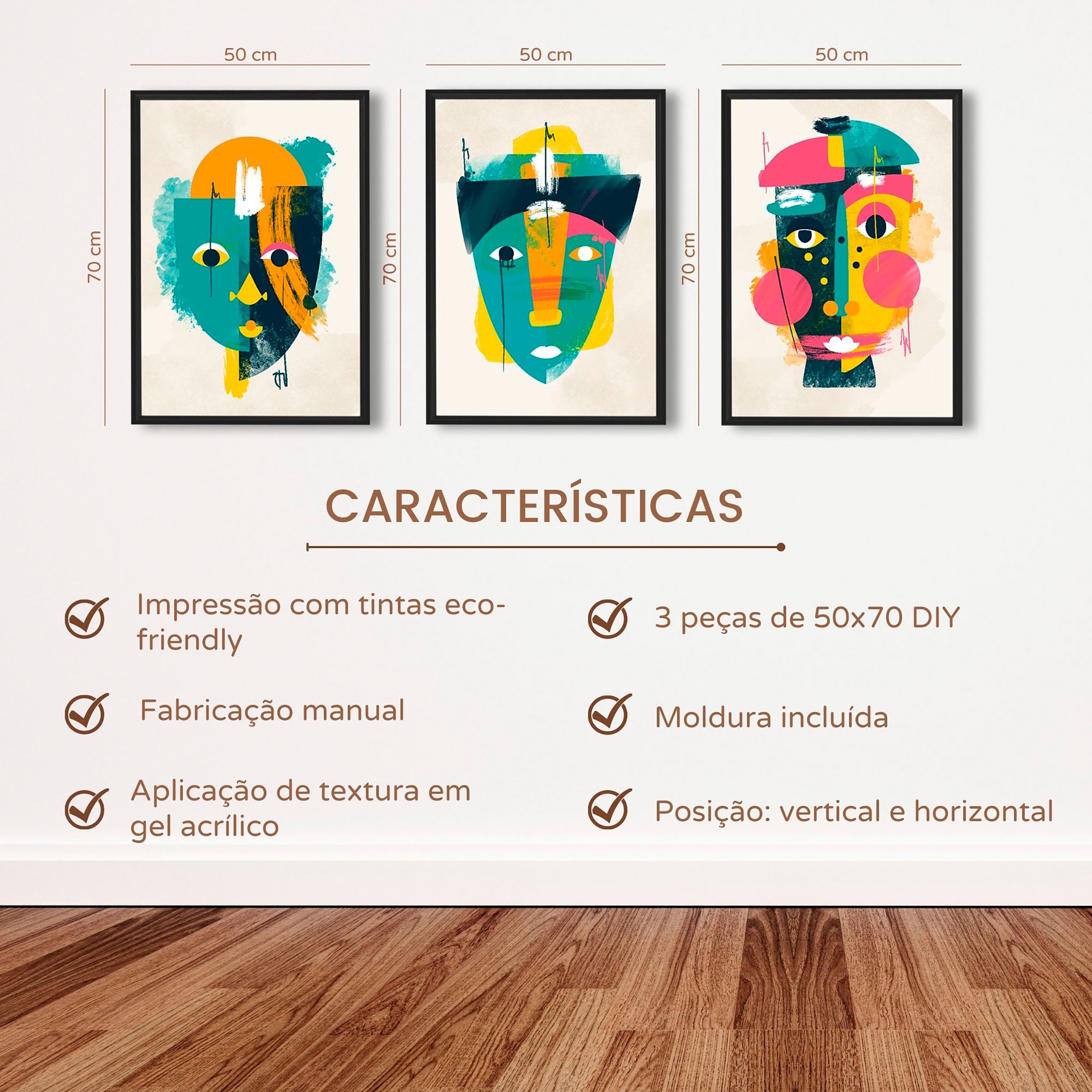 DekoArte - Cuadros decoracion salon modernos CARAS PICASSO 50x70 cm x3 piezas - Cuadros con marco negro incluido - 9