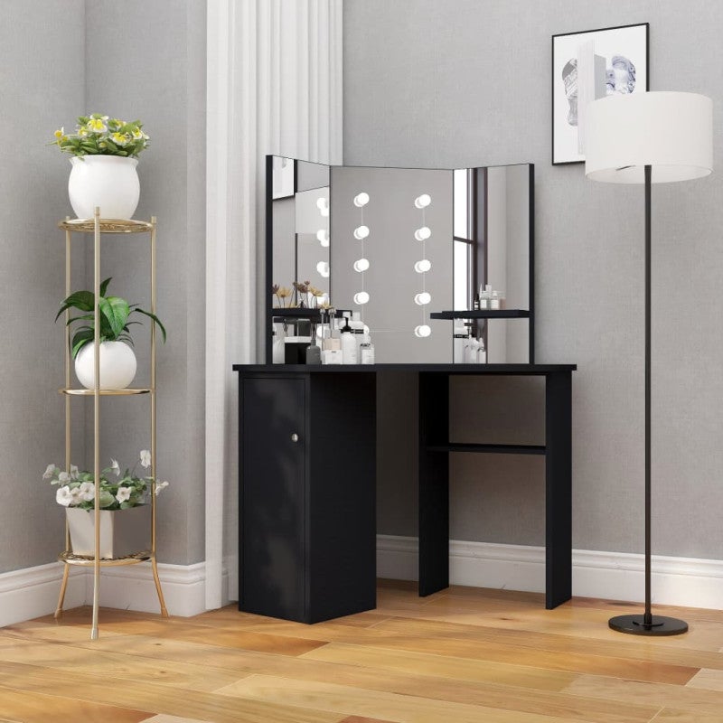 Toaletka vidaXL elegancka czarna z LED i lustrem 3-panelowym