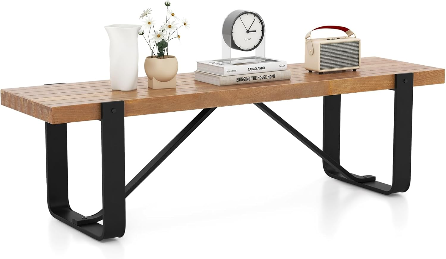 Ławka do Przedpokoju dla 2 Osób 153 cm, Ławka do Jadalni z Metalową Ramą i Poprzeczką, Ławka do Przechowywania do Salonu, Naturalna