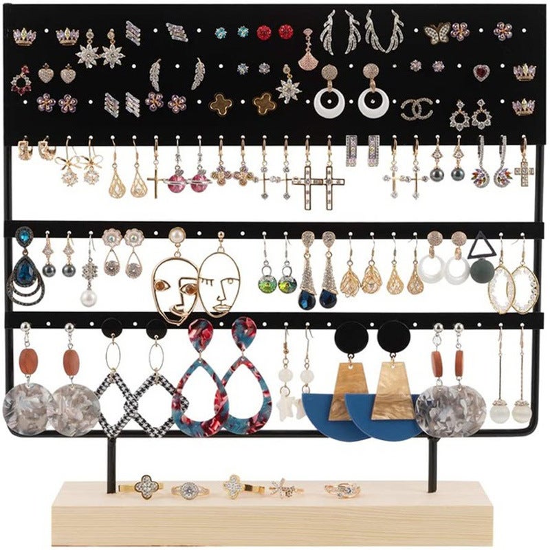 Organisateur de bijoux, 144 trous (Noir) avec base en bois, support pour boucles d'oreilles suspendues - 2