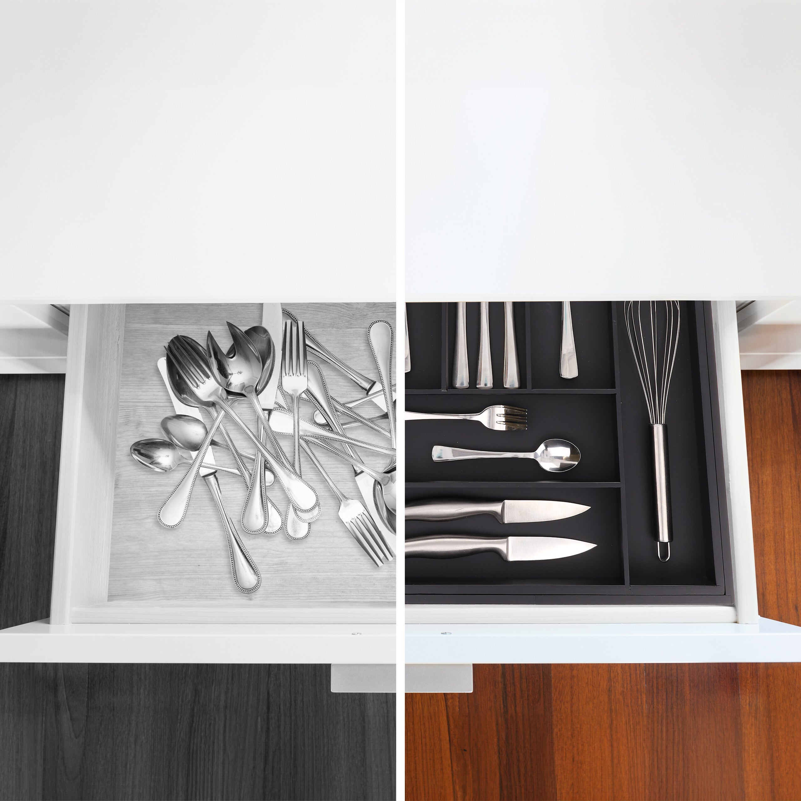 Organizador de talheres ajustável, bambu, HBT 6,5 x 35-58 x 43,5 cm, 6-8 compartimentos, para gaveta, preto, Relaxdays - 5