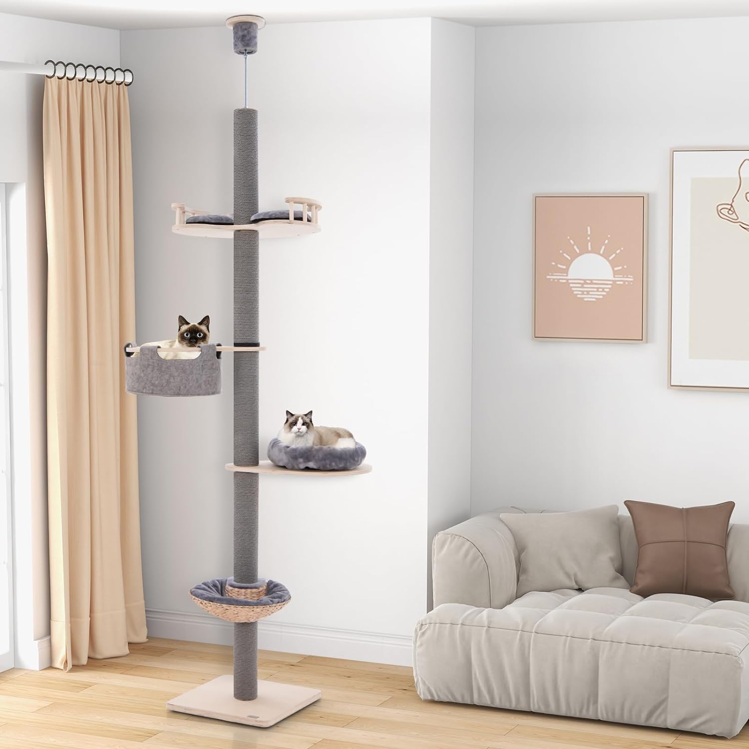 Árbol de Gato de Suelo al Techo, Altura Ajustable 236-271 cm, Grande Árbol de Gato de 5 Niveles con Poste Rascador Trampolín Cama Tipo Cesta Hamaca - 2