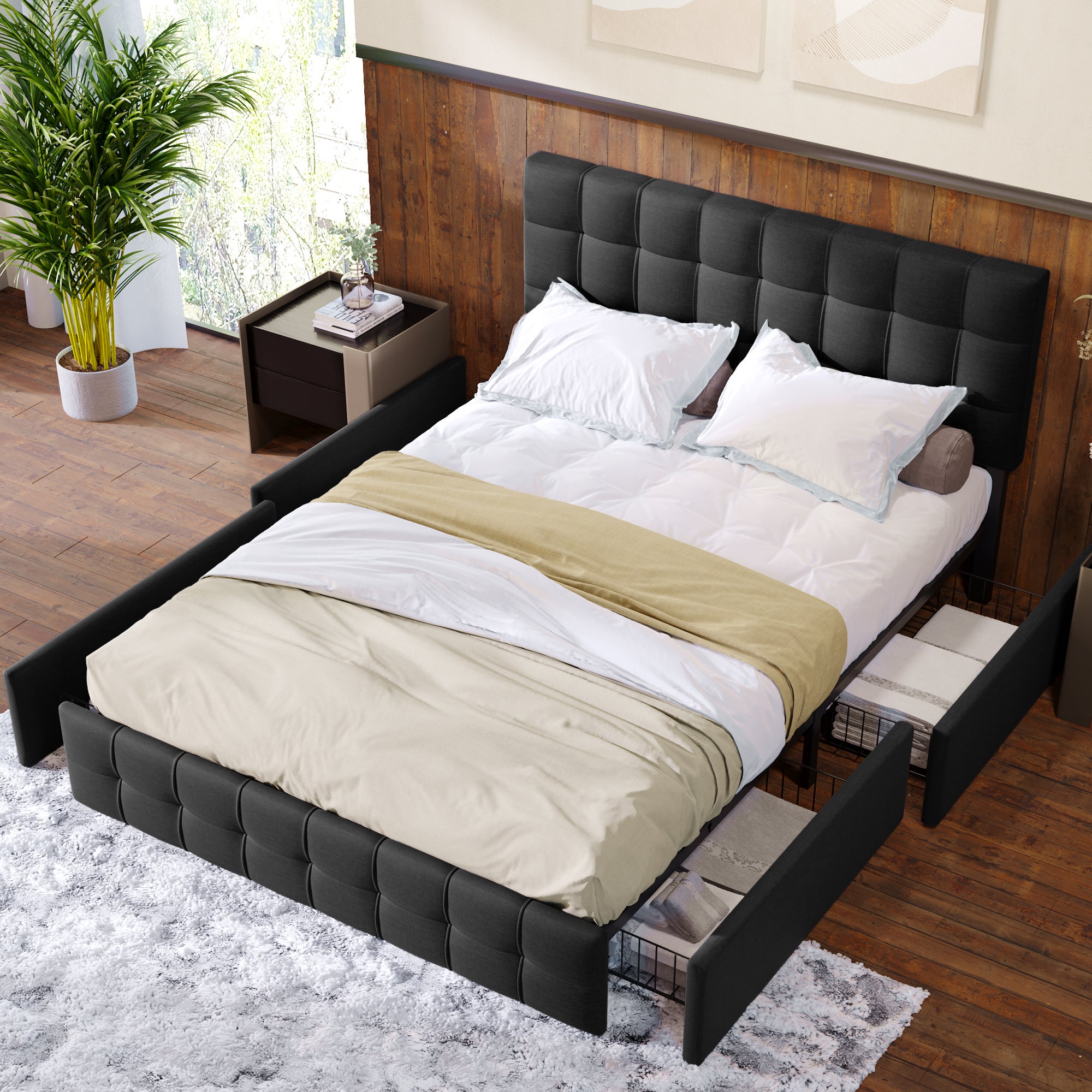 Łóżko dla dorosłych 140 × 200 cm, schowek pod łóżkiem, regulowany pod względem wysokości zagłówek, tkanina lniana, kolor czarny