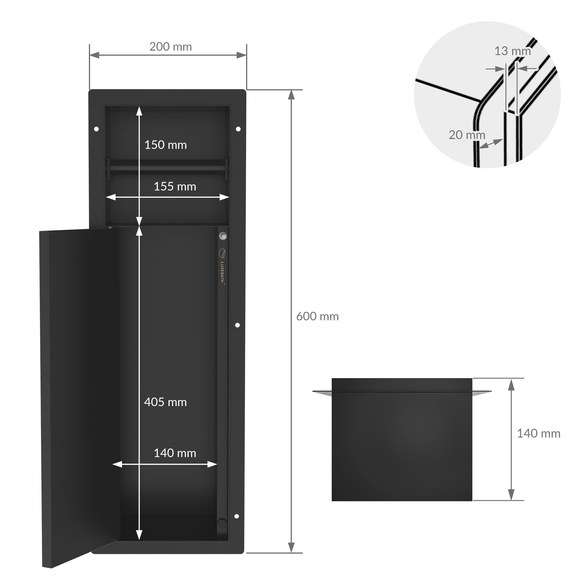 LuxeBath moduł szafki podtynkowej ze stali nierdzewnej czarny 60x20x14 cm wnęka łazienkowa z uchwytem na papier toaletowy i szczotką wc - 3