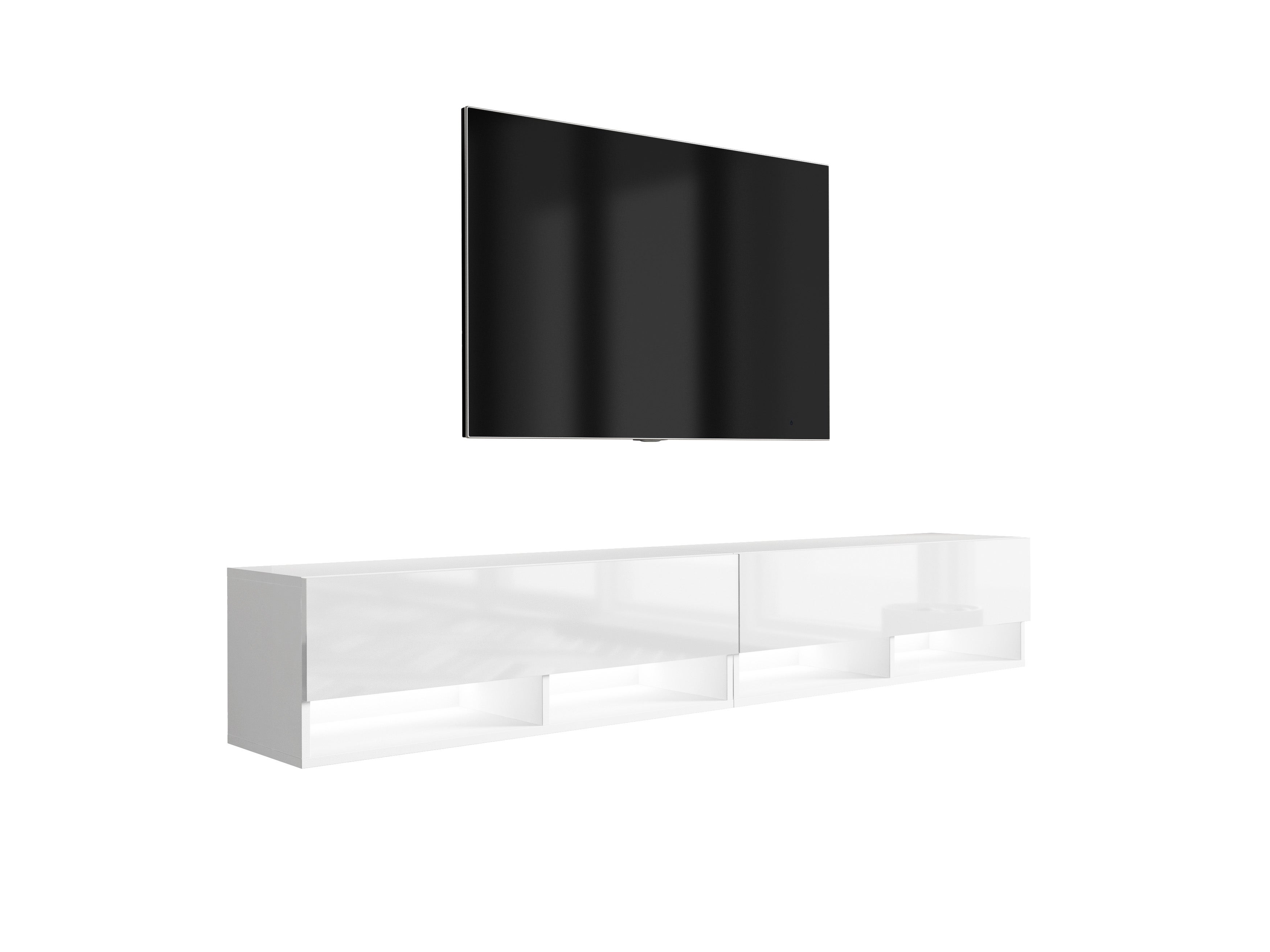 Szafka RTV : Biały Mat / Biały Połysk, LED biały, 200 (2 x 100) × 32 × 34 cm