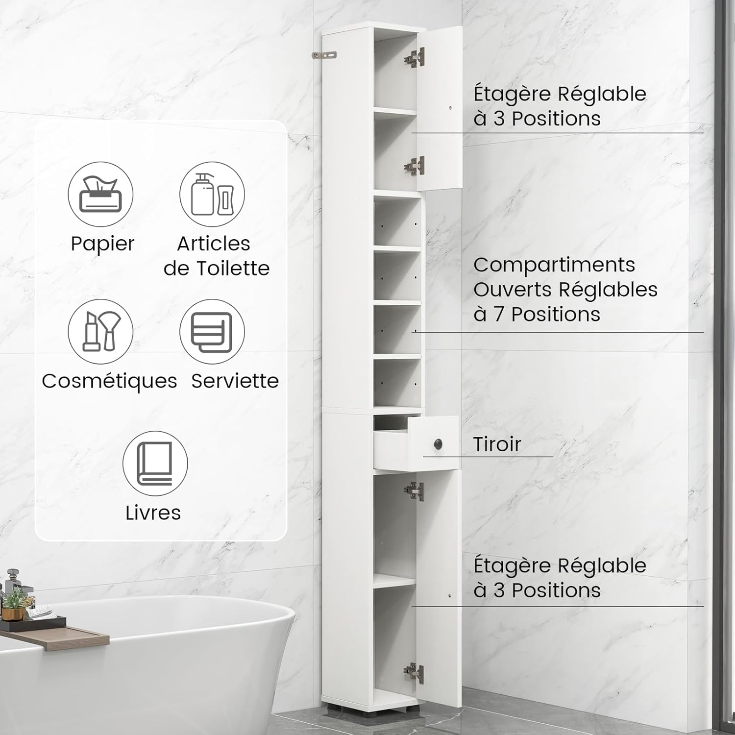 Meuble Colonne Salle de Bain, Meuble de Rangement avec 2 Placards à Porte, 1 Tiroir et 5 Étagères Réglables, 20 x 20 x 180 cm, Blanc Cérusé - 6