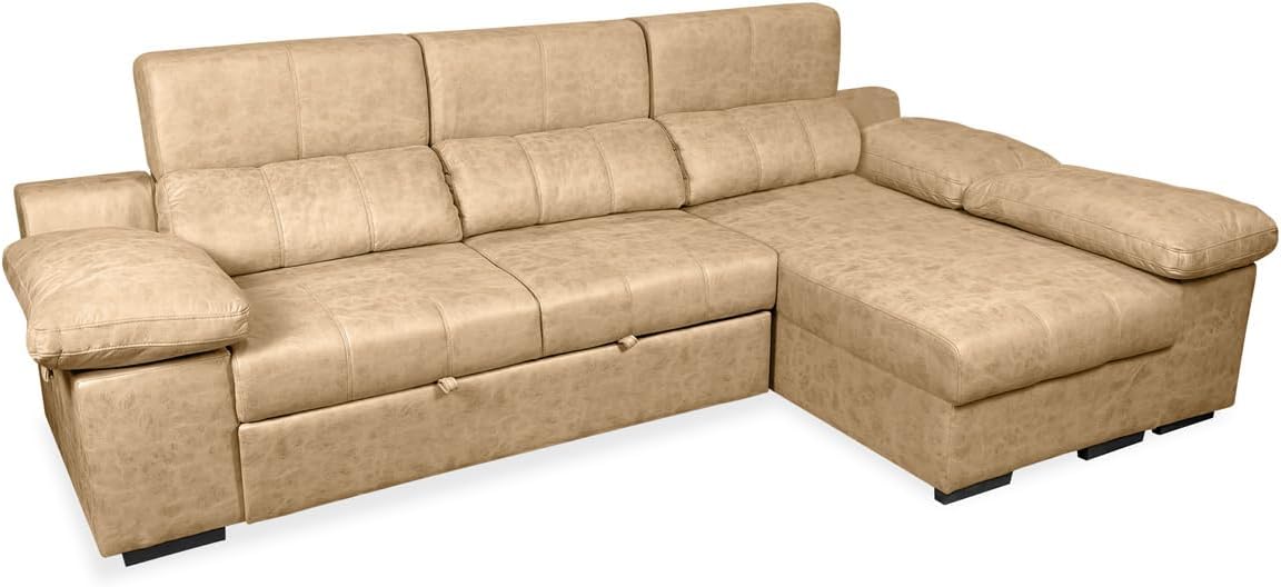 Sofá con chaiselongue reversible color piedra, asientos extensibles y arcón, 291x160x104 cm, tapizado en tela