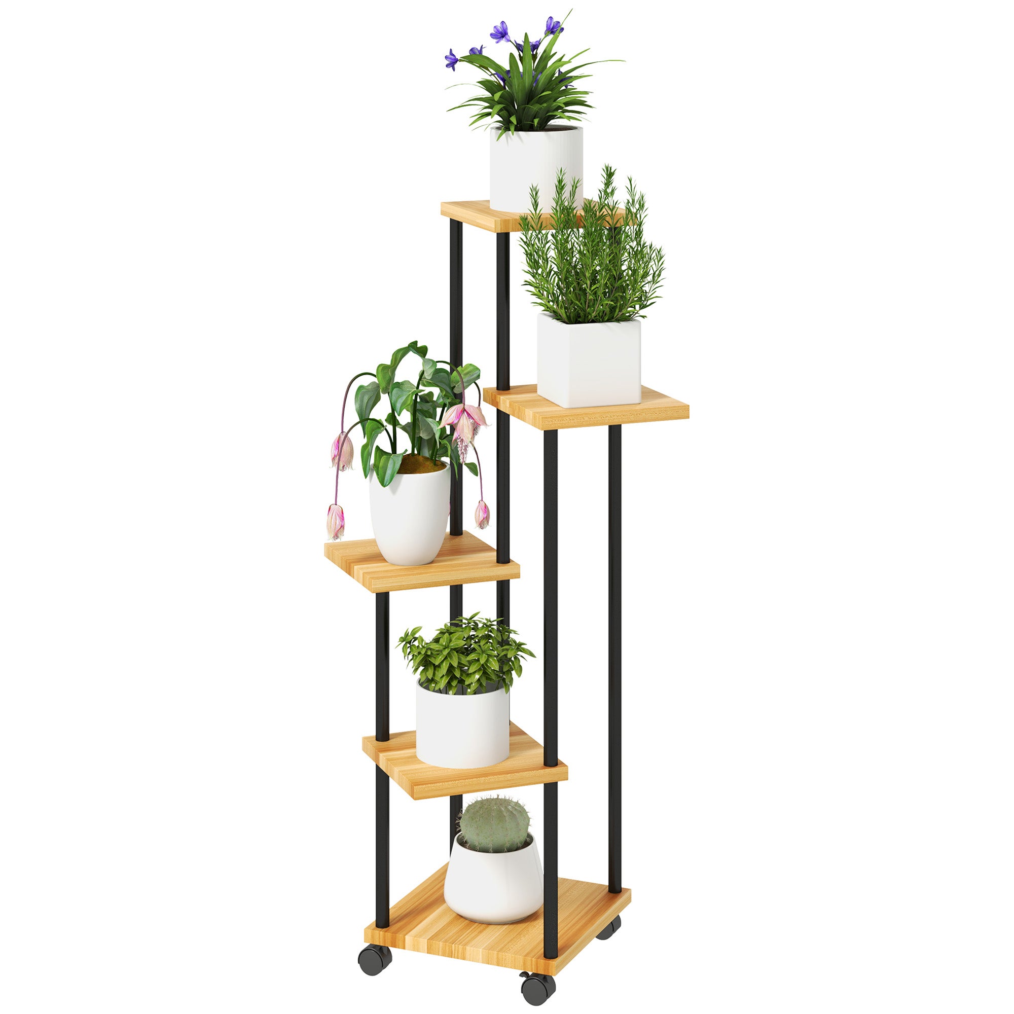 Support à plantes à 5 niveaux pour intérieur et extérieur, étagère plante avec 4 roues en acier et bois bois naturel - 2