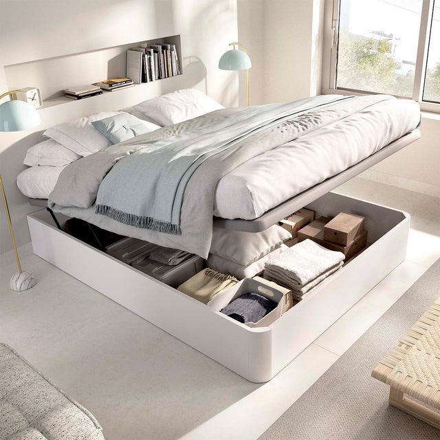Canapé Abatible de gran almacenamiento Blanco Round, Esquinas Redondeadas - Tapa tapizada Gris - 150x190 cm - Envío Incluido