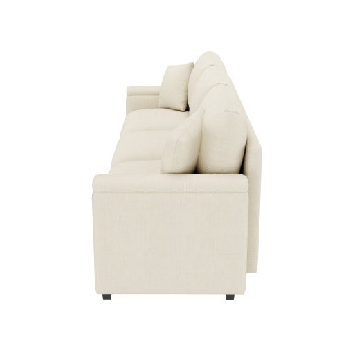 Canapé droit 3 places avec 2 coussins, table pliante avec port USB, porte-gobelet et accoudoirs de rangement, en chenille, beige - 8