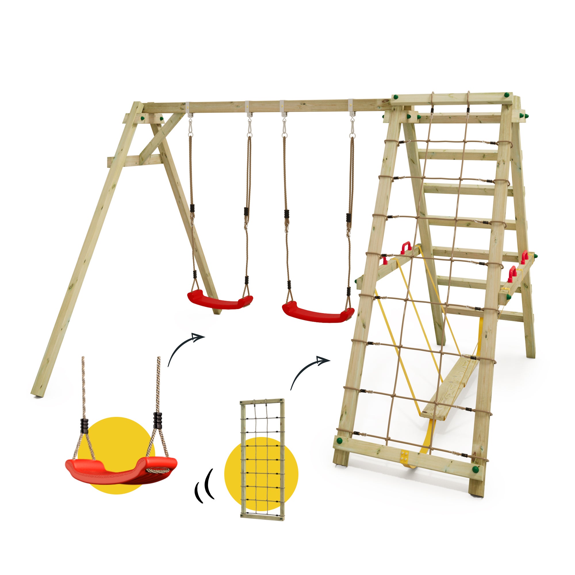 WICKEY Balançoire double Smart Hike en bois avec module d’escalade, 2 sièges réglables et accessoires rouges - 2