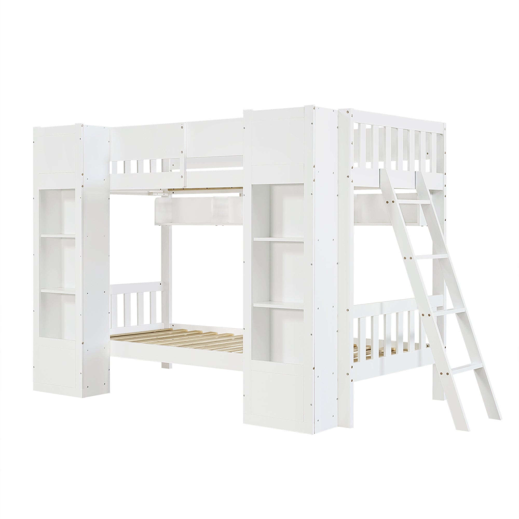 Lit superposé 2 places multifonction 90x200 cm avec 2 armoires frontales et étagère suspendue, lit superposé enfant avec barrière de sécurité - blanc - 7