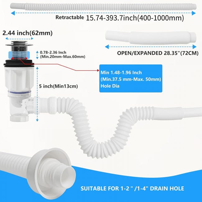 Sifón retráctil para fregadero, tapa para fregadero de cocina con