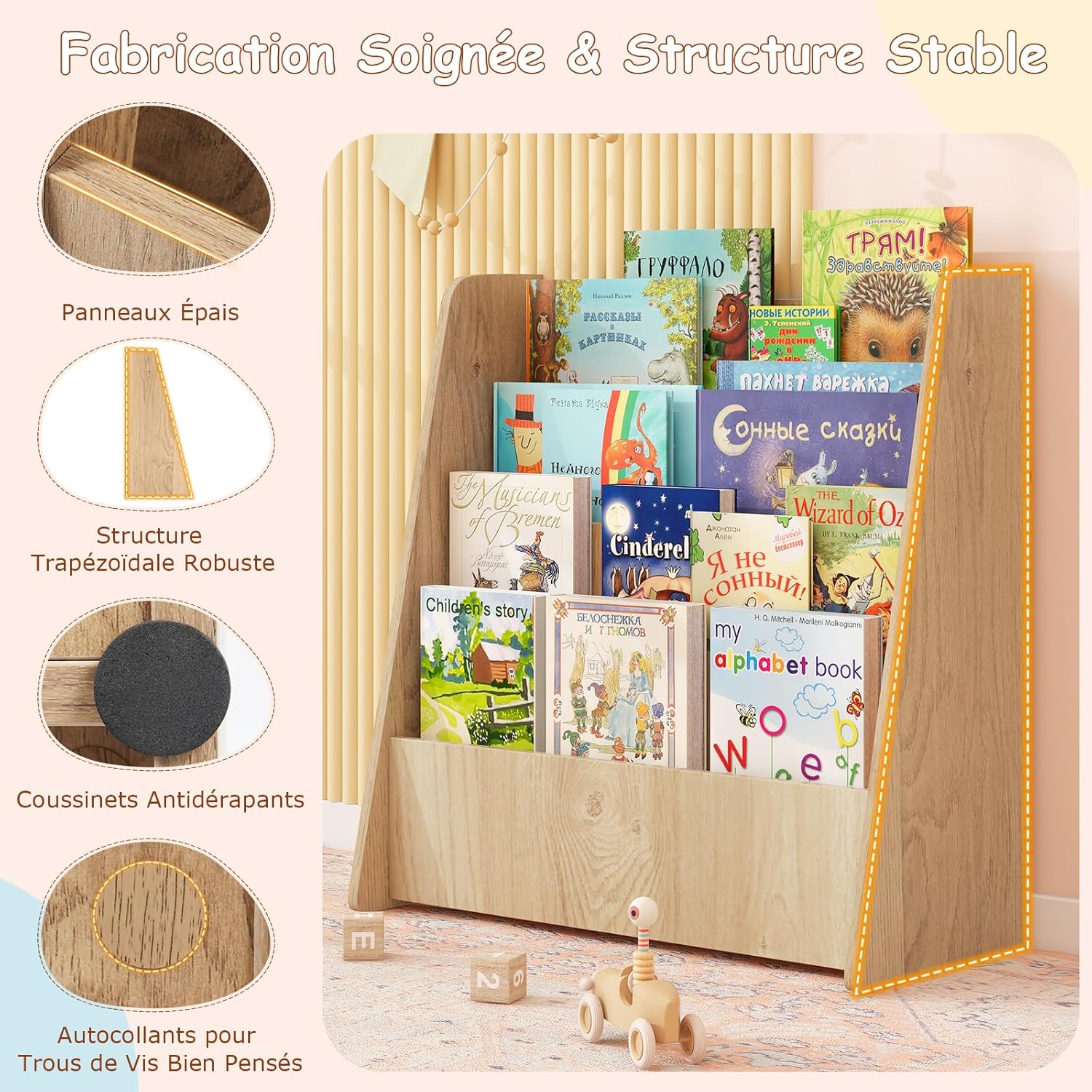 Libreria per Bambini a 4 Ripiani, Scaffale in Legno con Ampio Spazio di Esposizione, Porta Riviste per Camera dei Bambini Sala Giochi e Aula, - 5