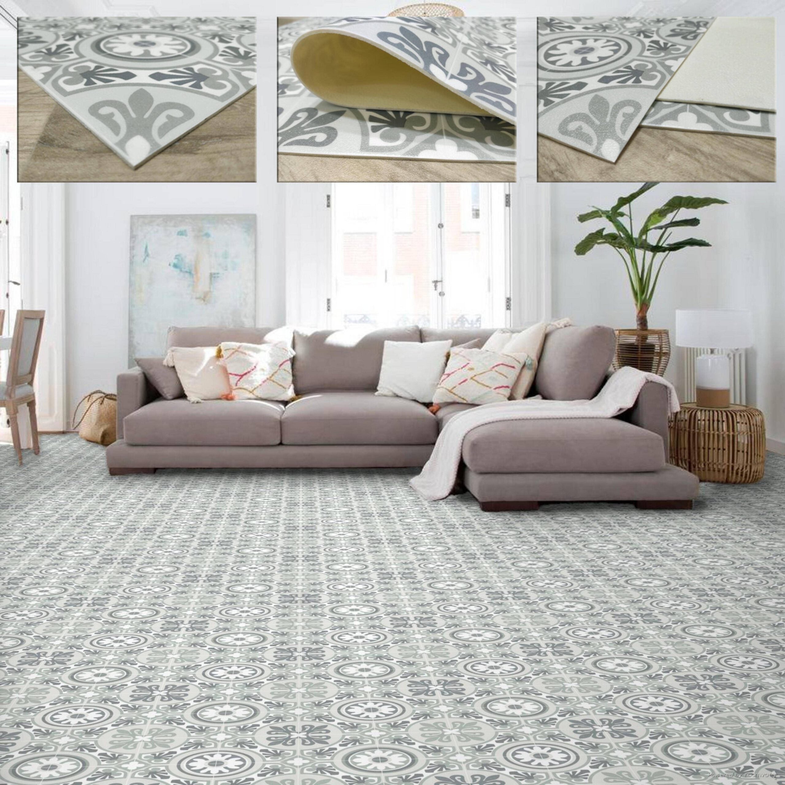 Alfombra vinilo baldosas hidráulica antideslizante -color verde -plata -alfombras tadi &imperio 1979 -62x200 cm