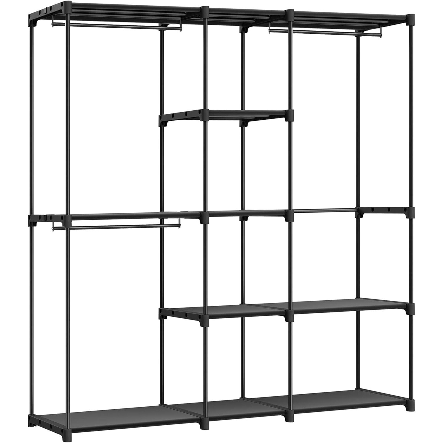 Dulap portabil pentru haine cu 3 bare de suspendare si rafturi, structura metalica, 43x182x182 cm, negru