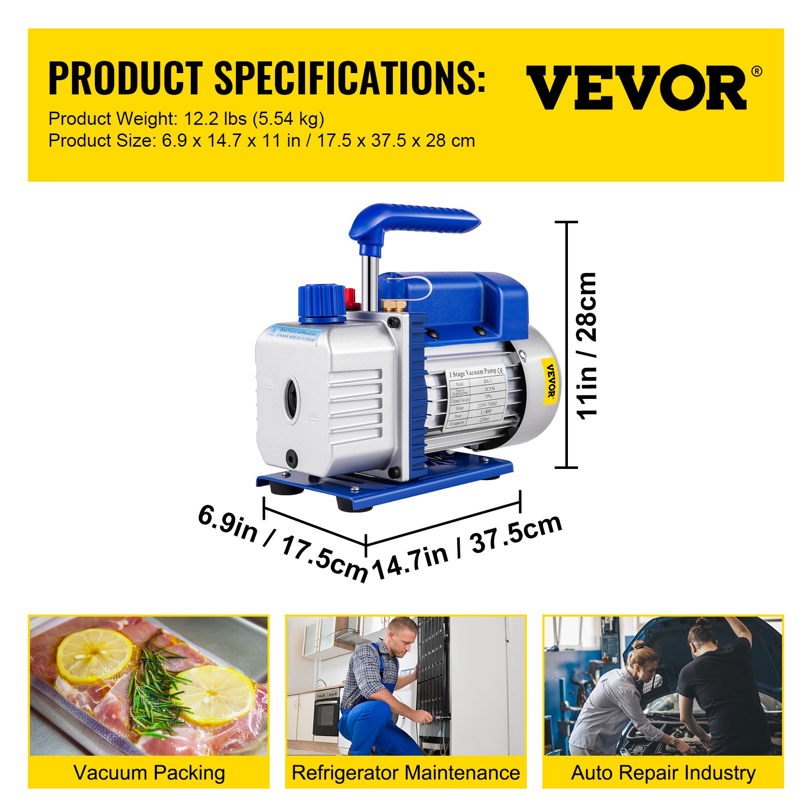 Pompa per vuoto 30V/50HZ, pompa per vuoto per refrigerazione 3CFM 1/4HP, 85L/min per Aria condizionata Pompa per vuoto ad aria elettrica per aut VEVOR - 7