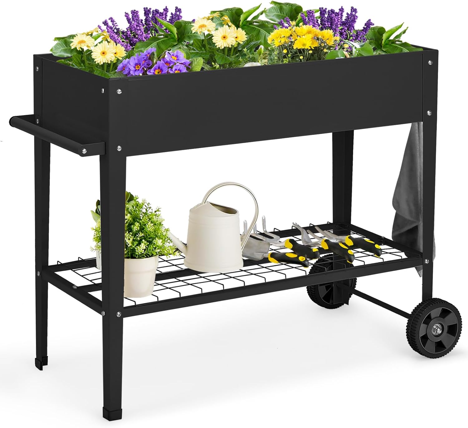 Podwyższona Donica na Kółkach z Regałami i 2 Haczykami na Narzędzia Ogrodnicze, Kwadratowa Donica Ogrodowa do Ogrodu, Balkonu (95 x 40 x 80 | Czarna)