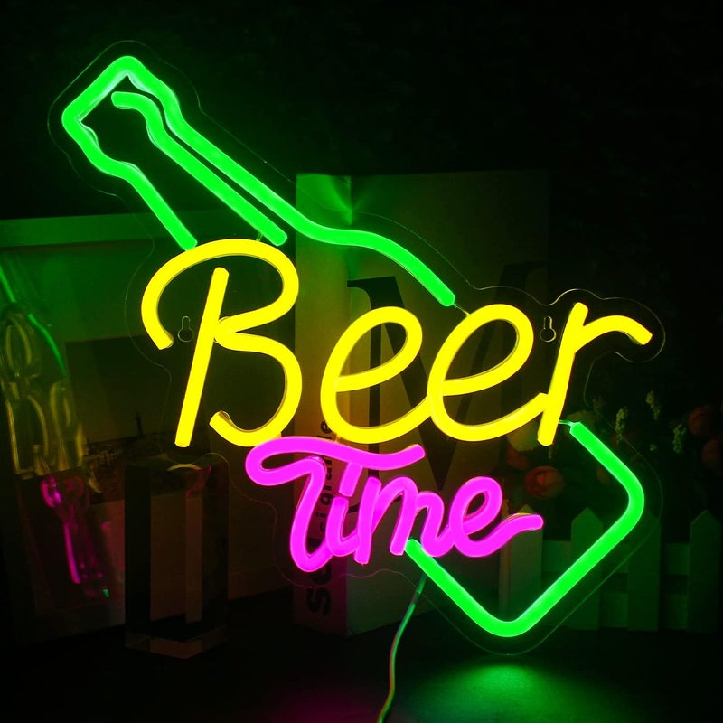 Neonowy szyld Beer Time, neonowy znak barowy, żółty neonowy znak LED do dekoracji ścian, neonowy znak USB do baru, klubu, domu, mar