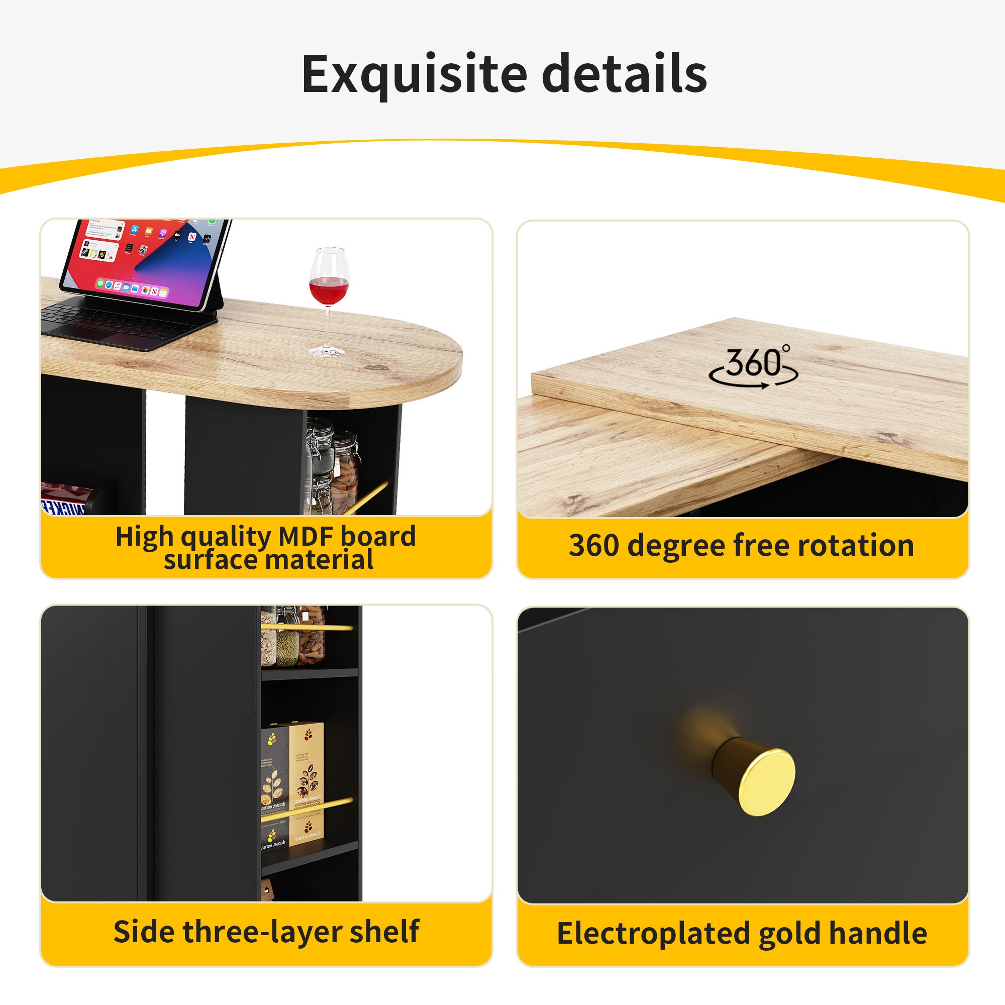 Table de bar rotative 360° MDF 105x39x102 cm tiroirs et étagères modulables, pour salle à manger/bureau/salon, Noir – ComfortXL - 5