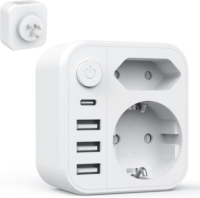 Adapter wtyczki 6 w 1 z Francji do USA – z 3 wtyczkami USB-A, 1 USB-C i 2 wtyczkami europejskimi – z Francji do USA, Kanady, Meksyku, Tajlandii – typ