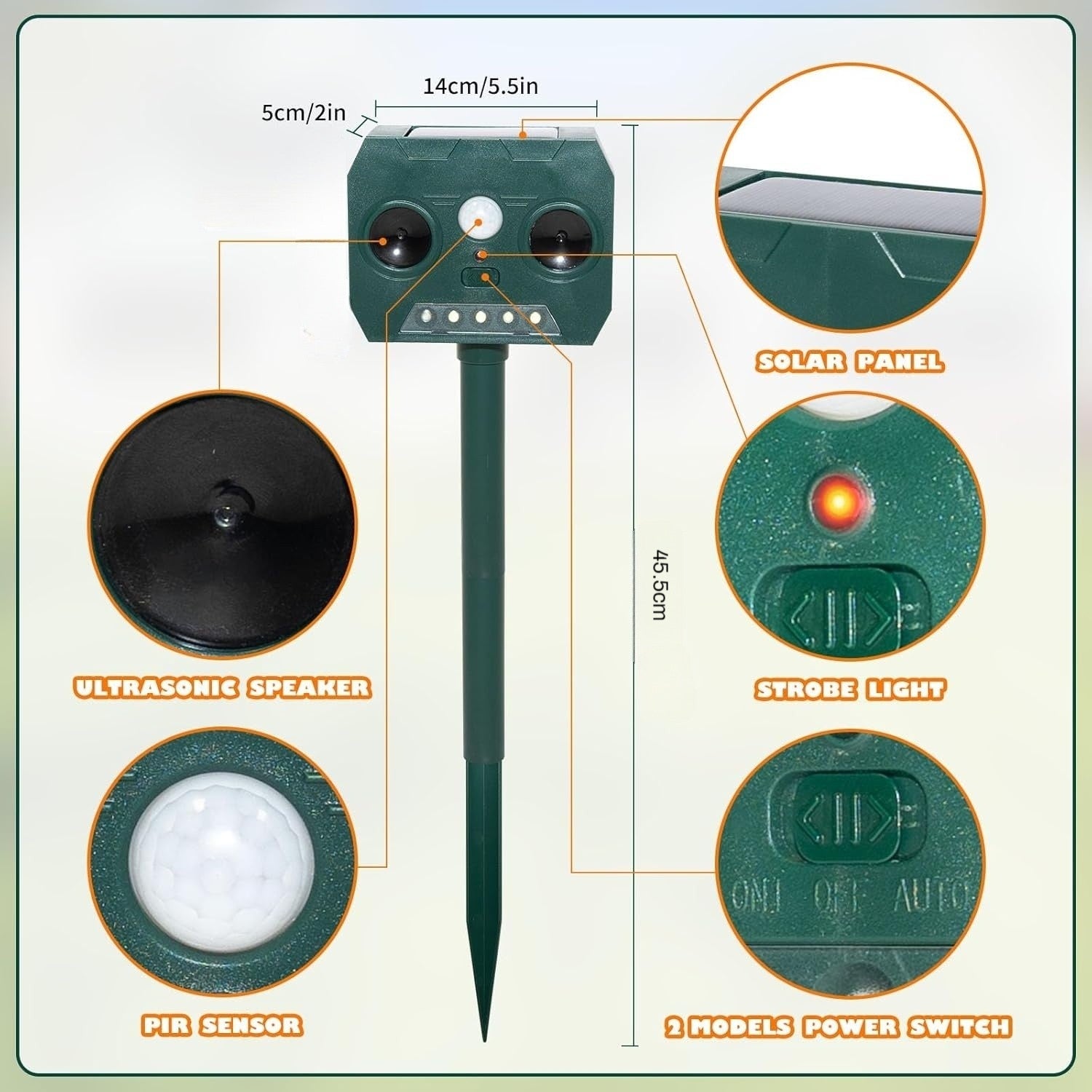 Repelente solar ultrassônico para gatos e cães, à prova d'água IP44, 8m, 110°, espanta animais de jardim com luz LED. - 4
