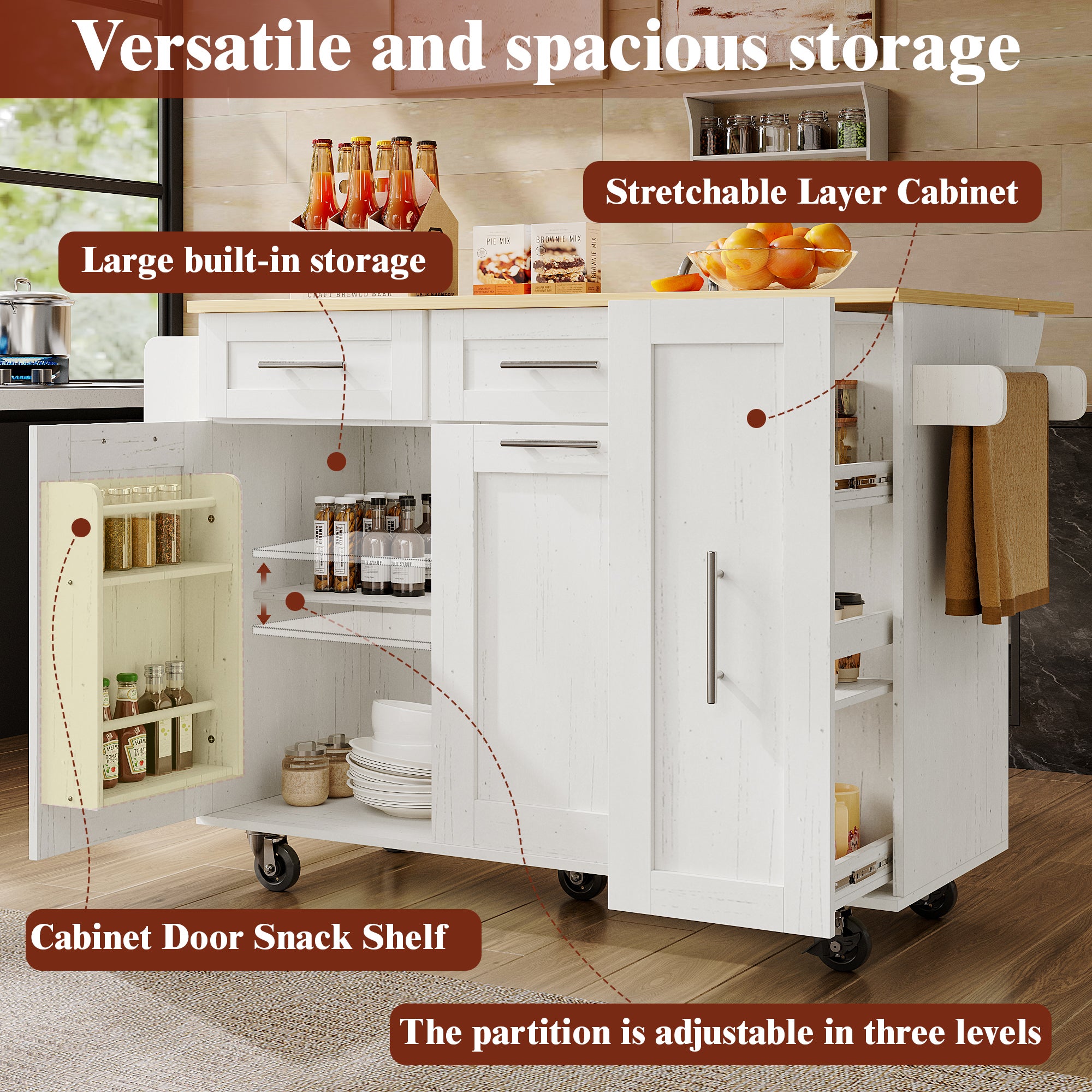 Ilot central de cuisine mobile avec 2 portes, 3 tiroirs et porte-serviettes - Plateau extensible - 134.5 x 46/74 x 90.5 cm - MDF - Blanc - 5