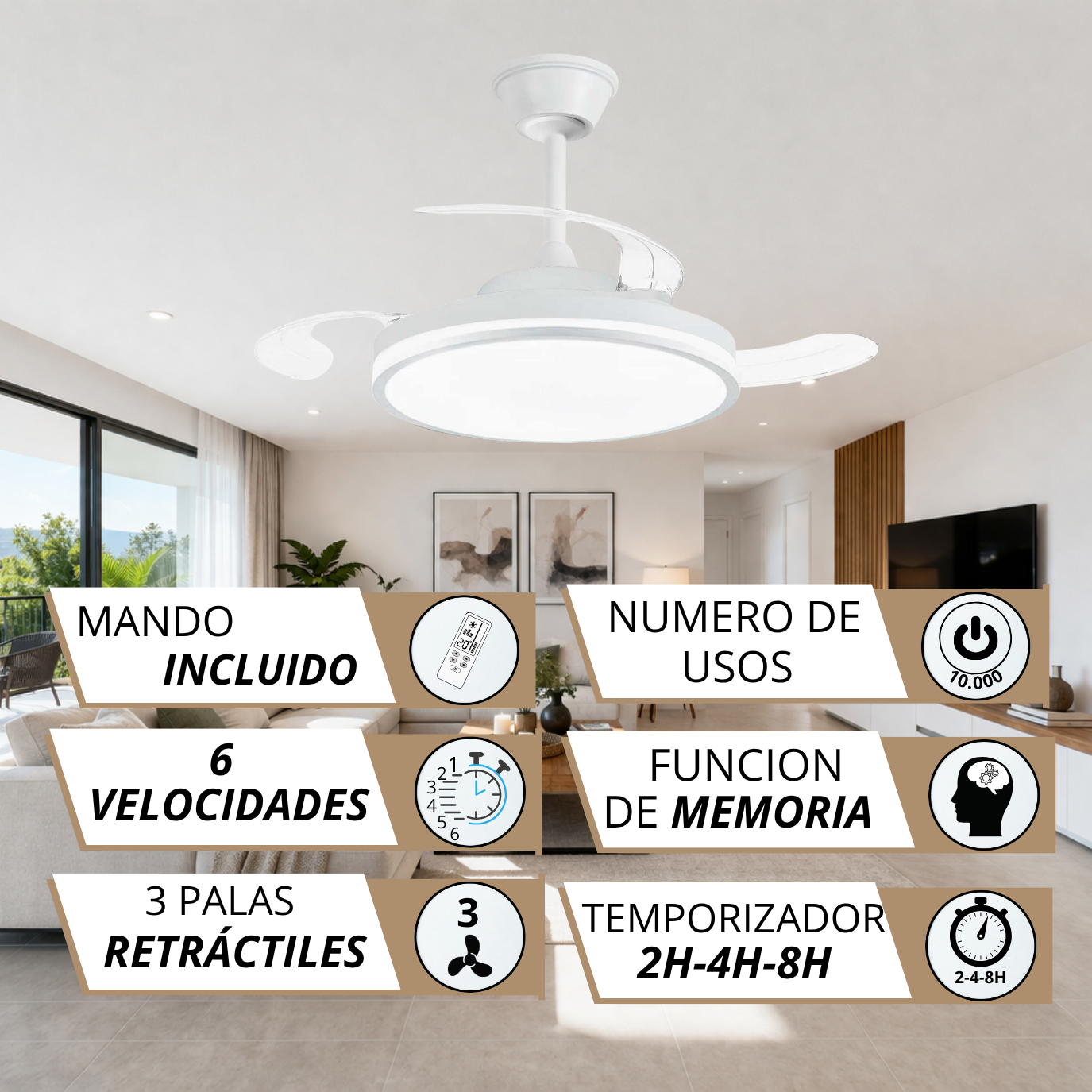 NARVI Ventilador de techo con luz, color blanco, 3 Palas retráctiles ...