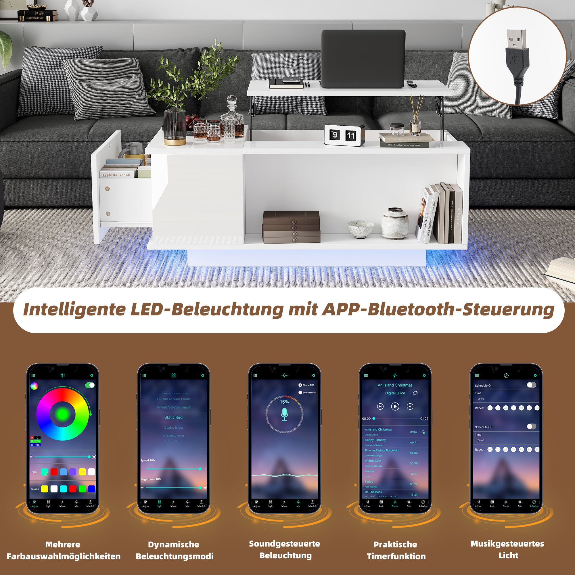 Table basse avec plateau revelable - 1 tiroir et 1 compartiment - 100 x 50 x 40 cm - LEDs - Panneau de particules - Blanc - 4