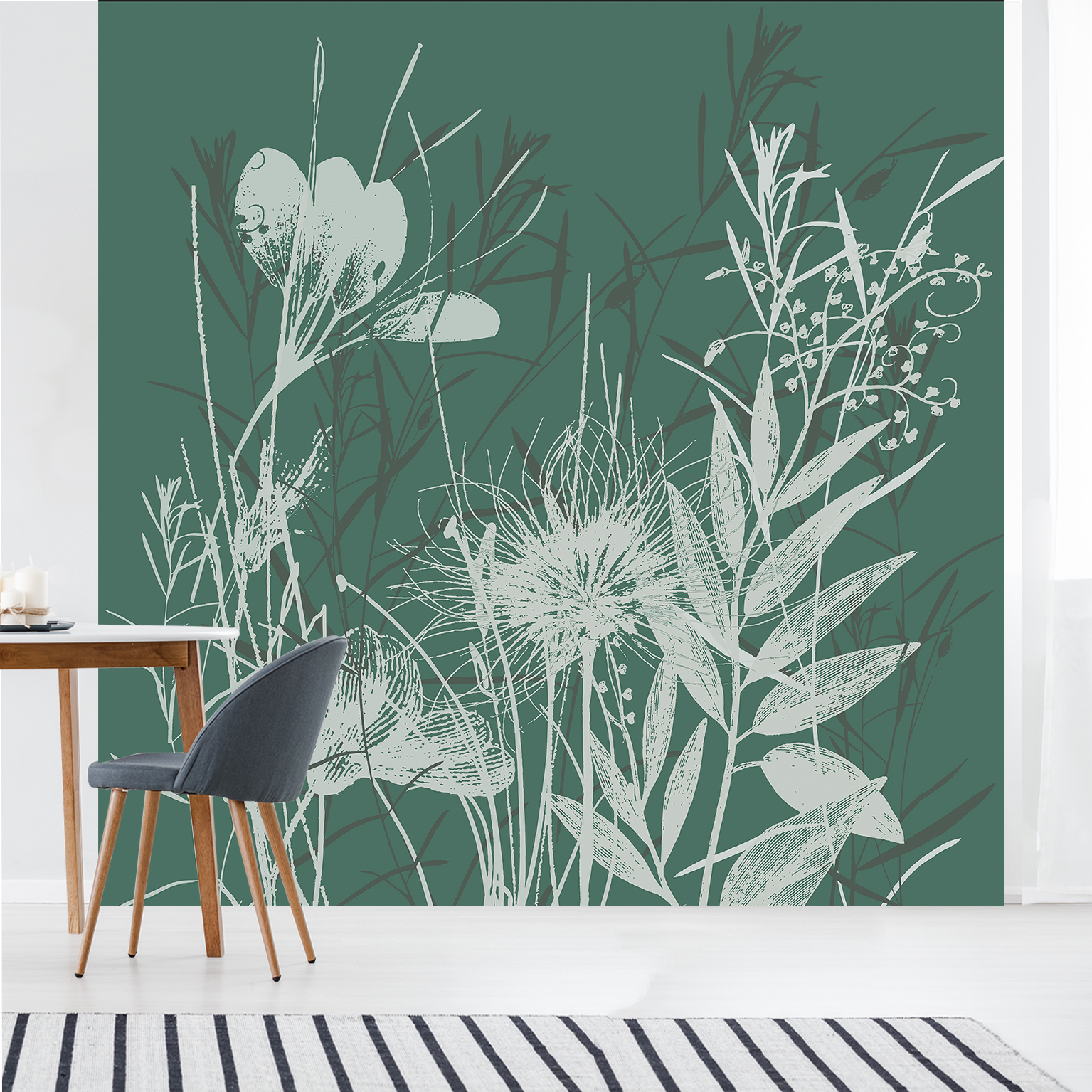 Papelera panorámica asegurada, papel introductivo, patrones de pradera en forma de ilustración sobre un fondo verde oscuro, 250 cm x 250 cm
