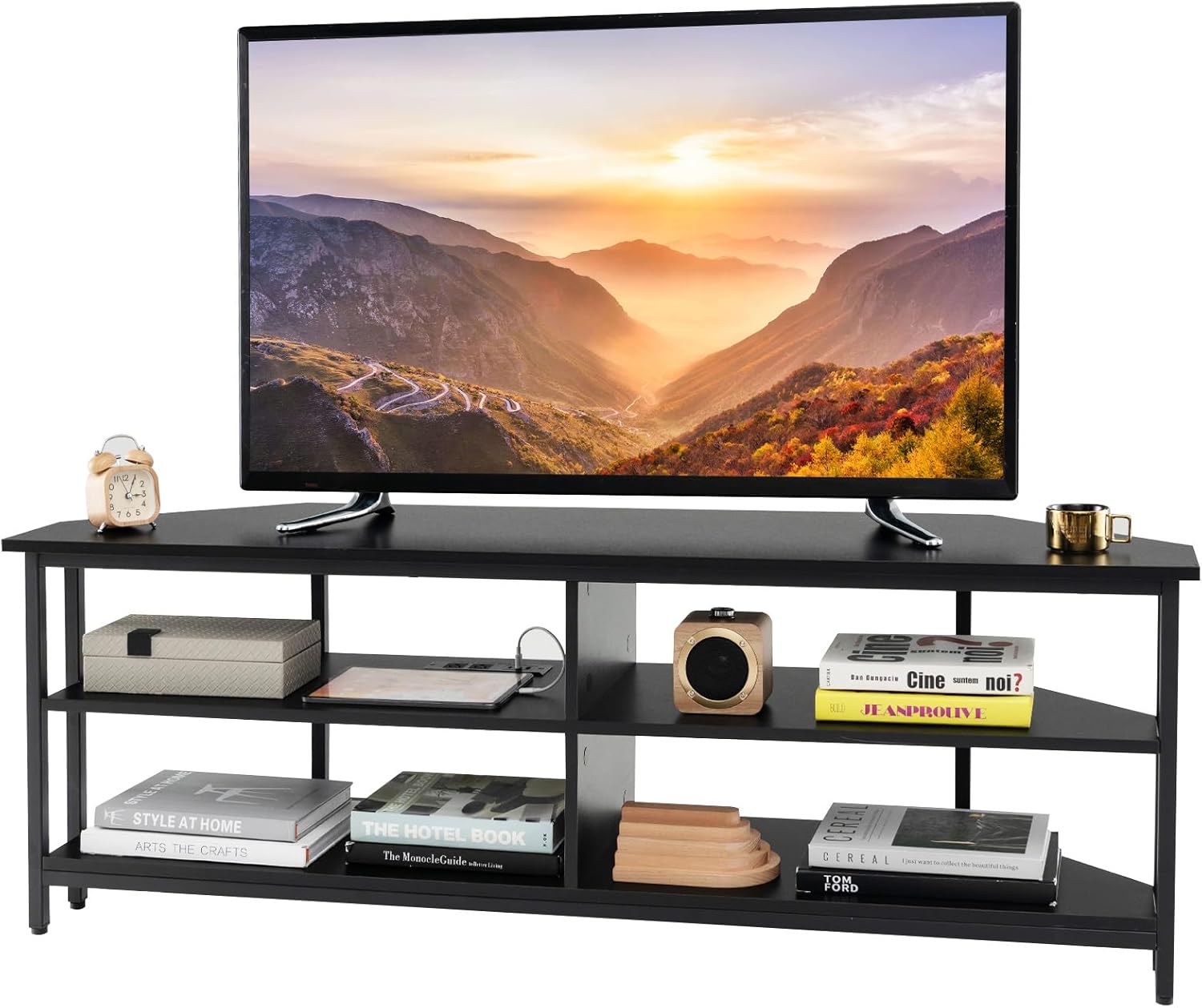 COSTWAY Meuble TV En Bois, Meuble Télé 2 Tiroirs Tissés En Bambou, 2 Etagères Ouvertes, 2 Passe-Câbles, Pieds En Bois Massif, Table TV Bohême, 55" Au Max, 120 X 35 X 45,5