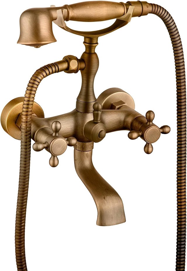 Robinet de baignoire rustique Mitigeur de bain doré antique avec douchette en laiton pour salle de bain chaude et froide réglable (bronze)