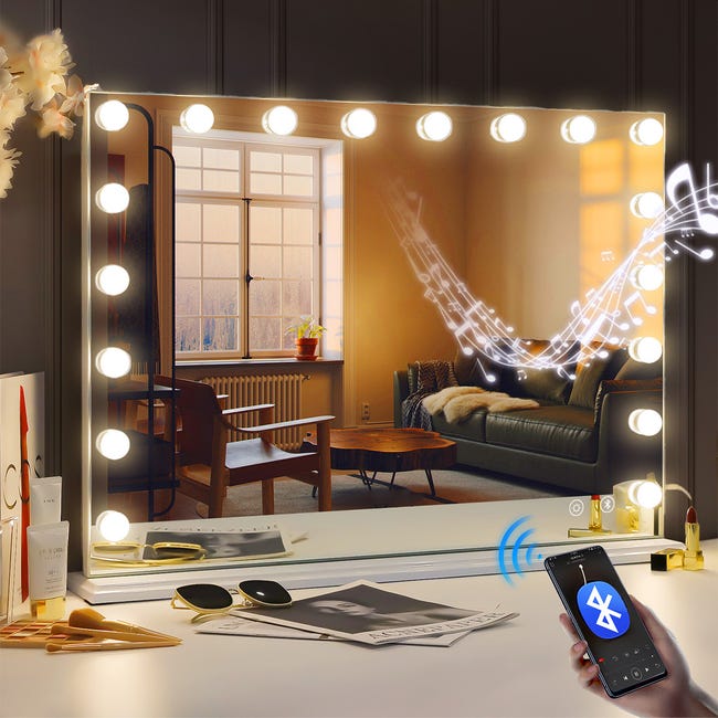 Hasipu Specchio da trucco con luci e altoparlante Bluetooth, 81,3 x 55,9 cm, specchio da trucco illuminato con 3 modalità dimmerabili, porta di ricarica USB, rotondo nero Hasipu Specchio da trucco con luci e altoparlante Bluetooth, 81,3 x 55,9 cm, specchio da trucco illuminato con 3 modalità dimmerabili, porta di ricarica USB, rotondo nero